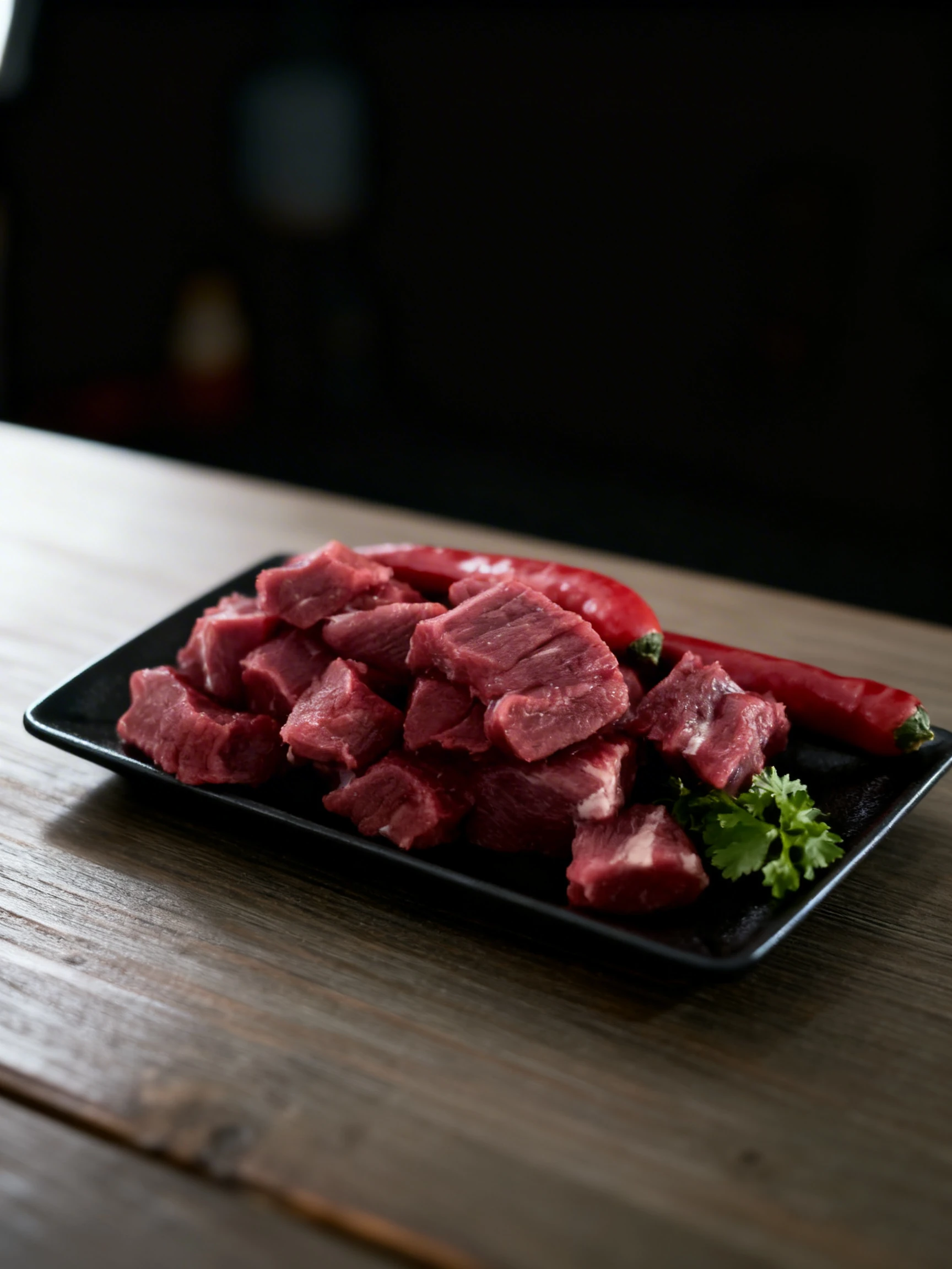 Raw cubed beef steak arranged on a black rectangular plate with whole red chili peppers and a sprig of fresh parsley.