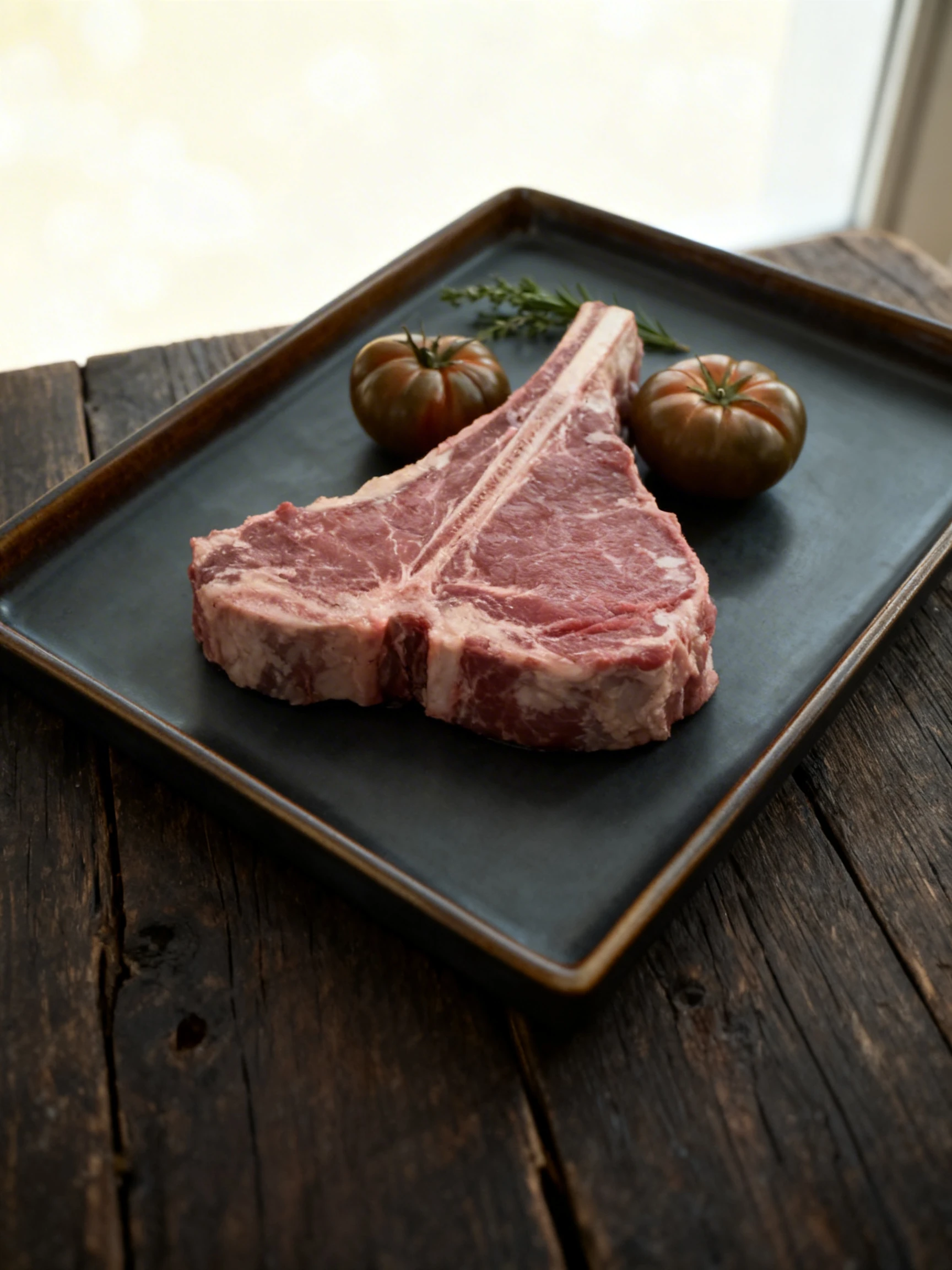 A thick, raw T-bone steak with visible fat marbling and bone alongside two whole heirloom tomatoes.