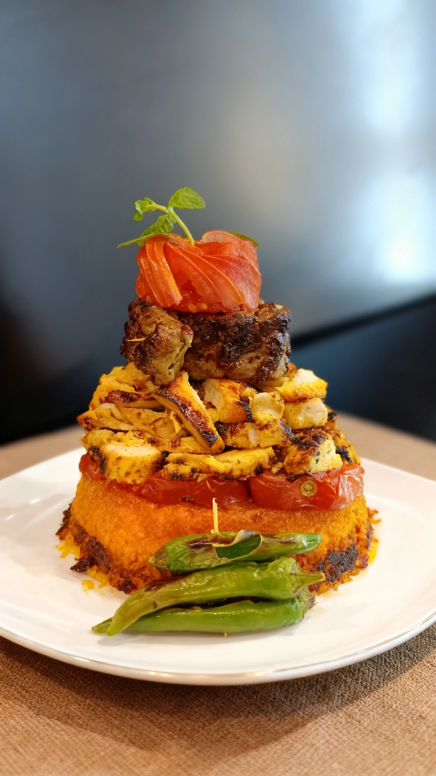 A tall stack of Persian Tahchin crispy saffron rice topped with sliced grilled chicken, roasted tomatoes, a thick meat kebab, and garnished with fresh tomato sl