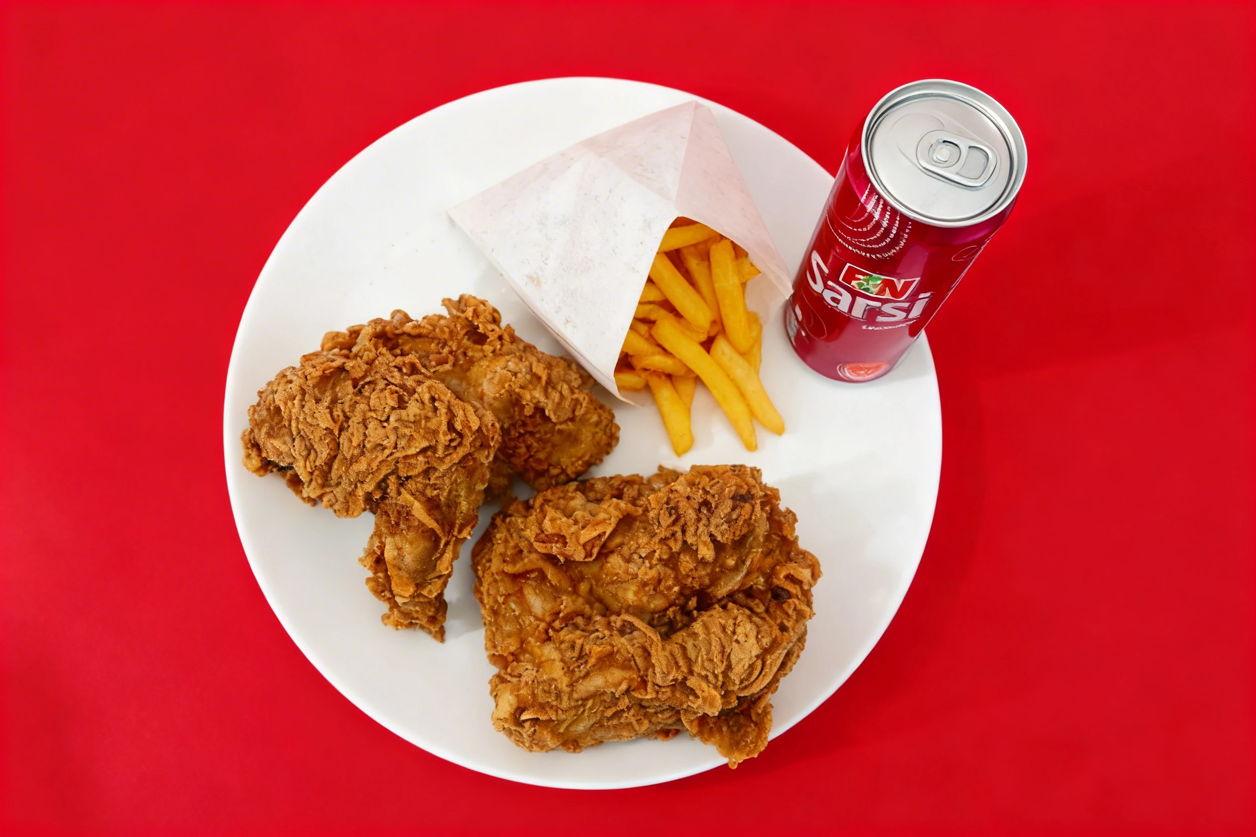 A plate of golden-brown fried chicken pieces served with a side of French fries in a paper sleeve, accompanied by a canned sarsaparilla soft drink.