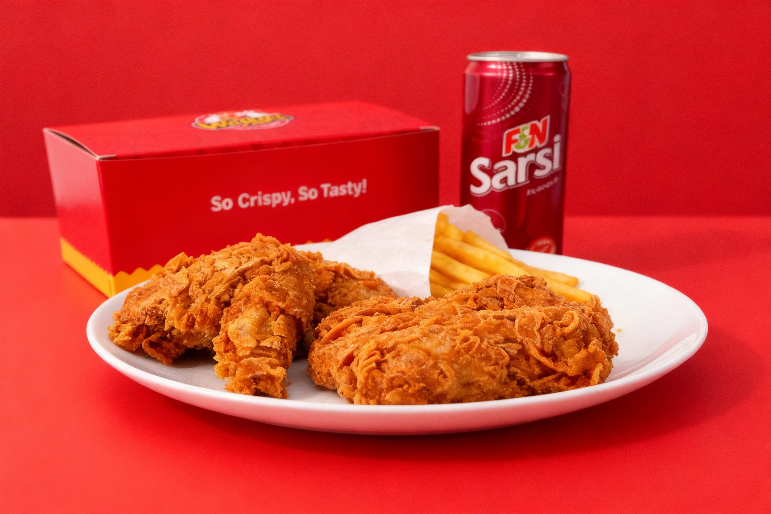 Crispy fried chicken pieces served on a white plate with a side of French fries in a white paper pouch, accompanied by a branded takeout box and a canned soft d