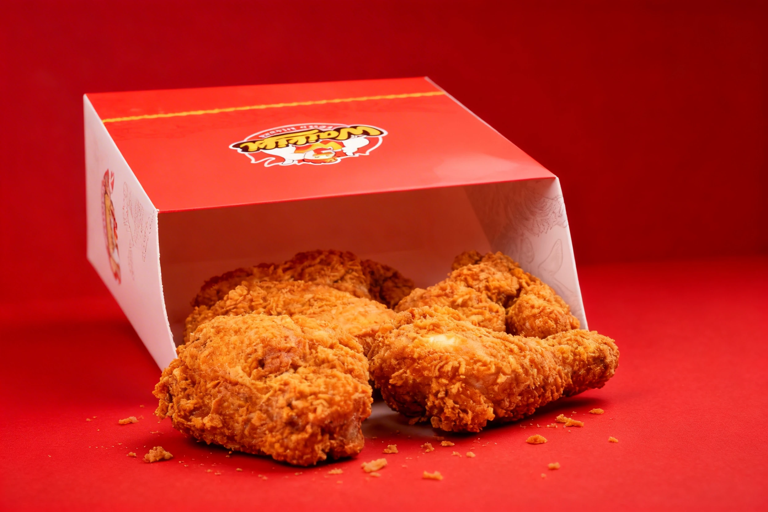 Crispy fried chicken pieces, including drumsticks and thighs, served from a red Waikiki Fried Chicken cardboard box.
