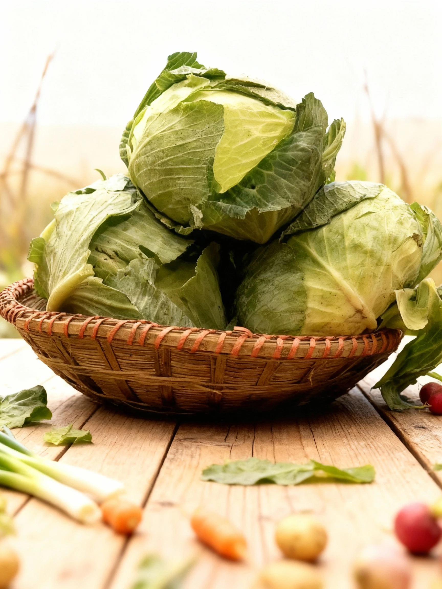 A close-up stack of several fresh, large green cabbages displayed in a rustic, woven basket with visible orange accents.