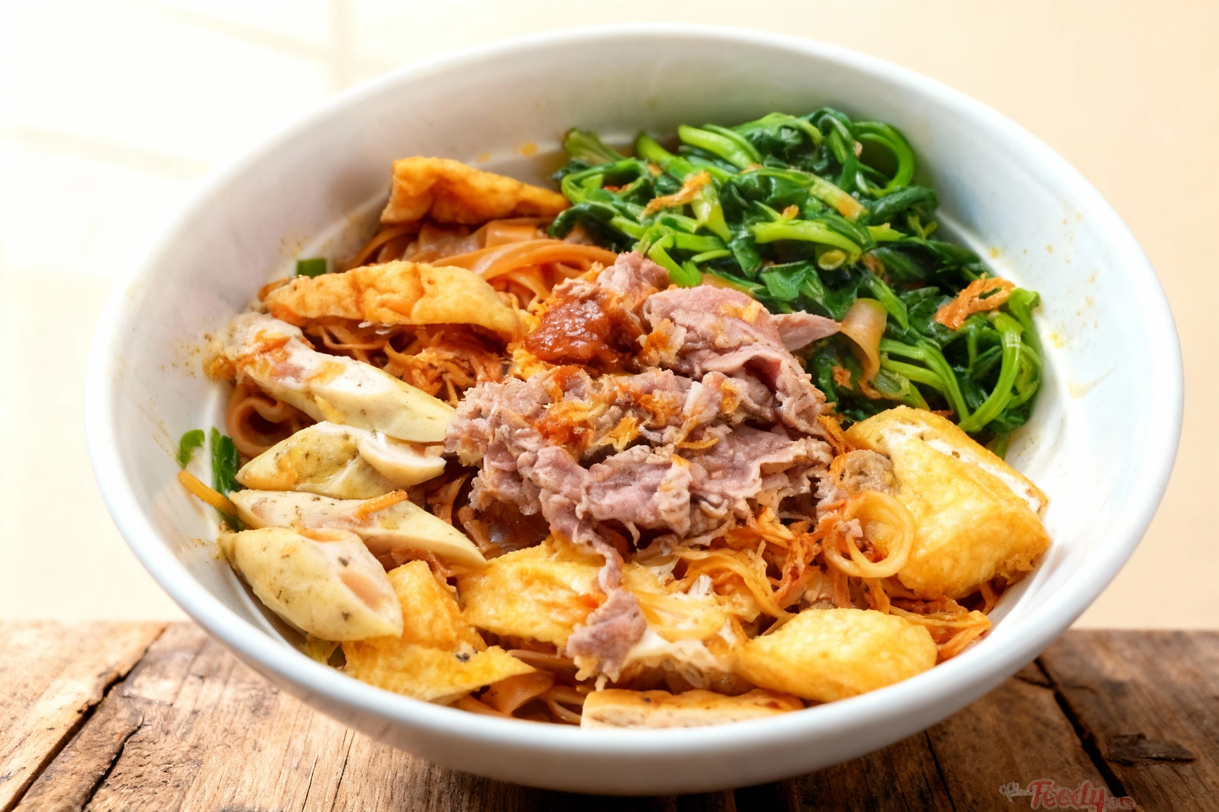 A bowl of sauced noodles topped with shredded meat, sliced white sausage or fish cake, fried tofu triangles, a generous portion of sautéed leafy green vegetable