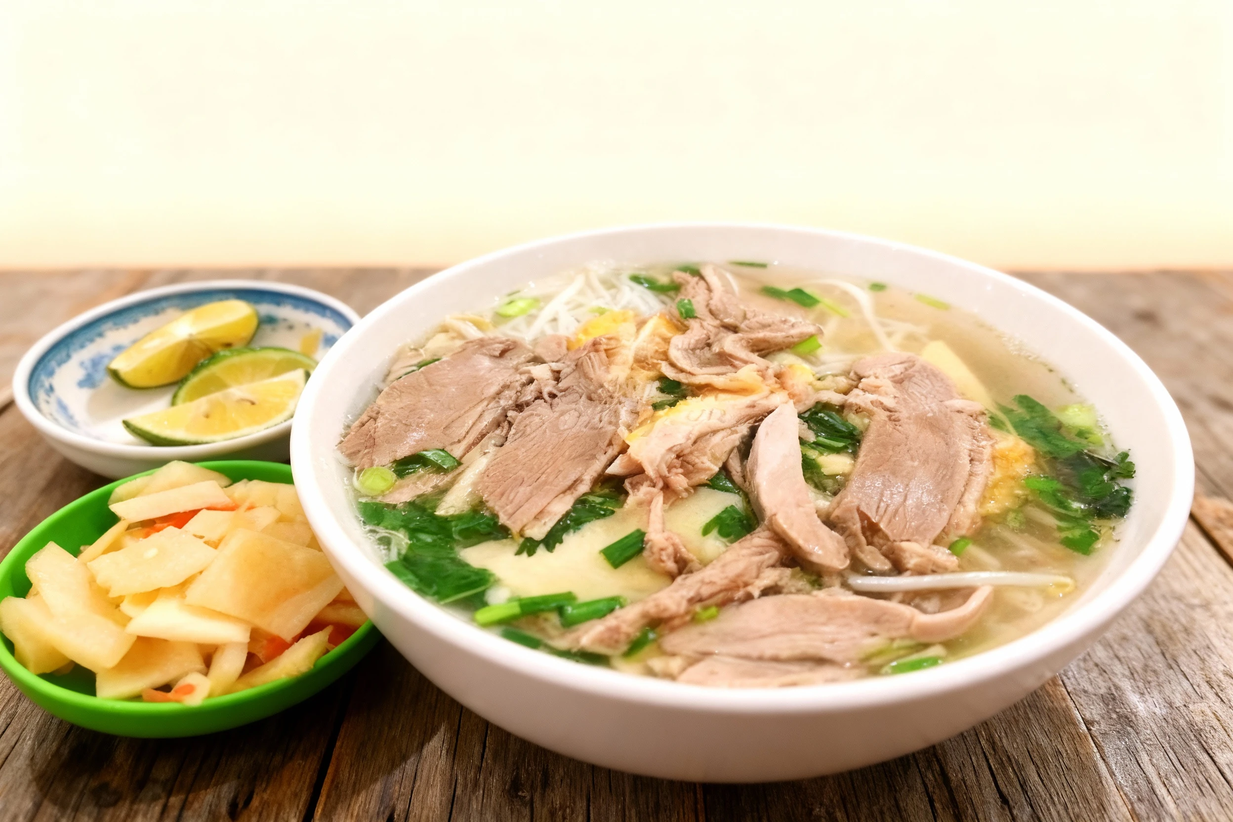 A bowl of Vietnamese noodle soup topped generously with slices of cooked meat and garnished with chopped green onions and herbs over rice noodles. The dish is a
