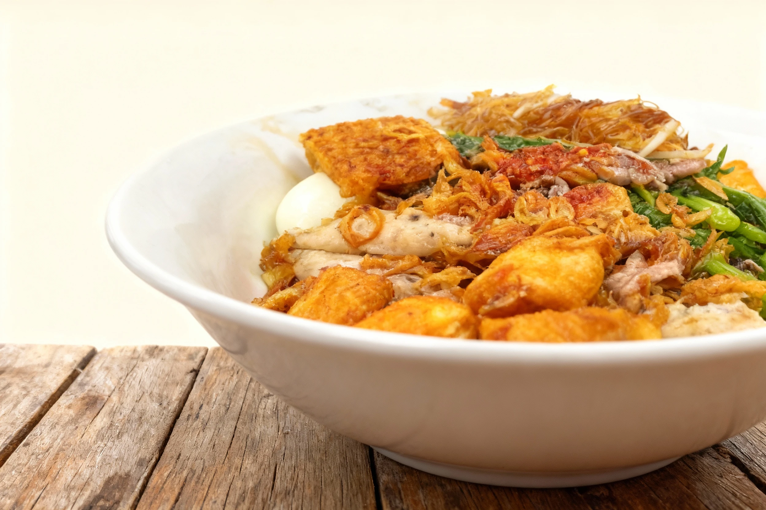 This is a Vietnamese dry glass noodle (miến) dish served in a bowl, featuring a generous topping of crispy fried shallots, golden fried tofu cubes, slices of Vi