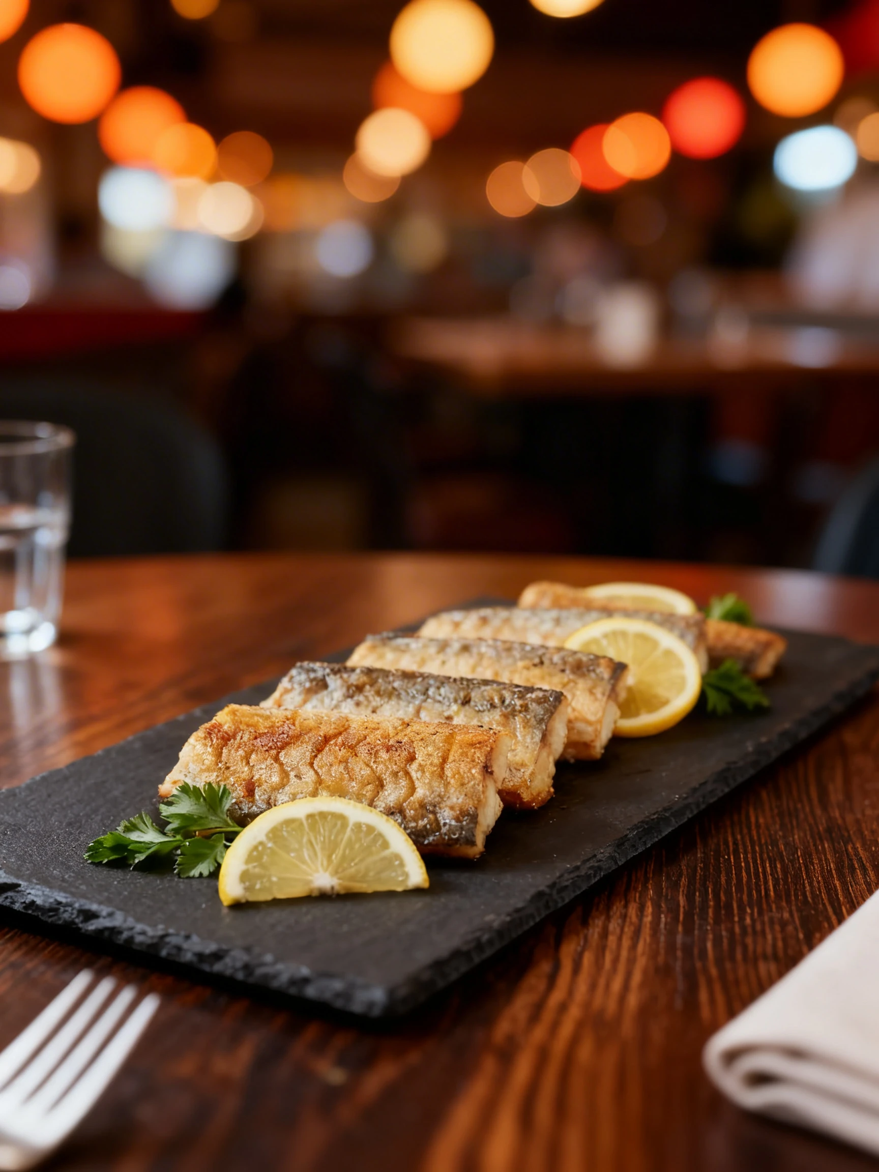 Pan-seared fish fillets with crispy skin served on a slate platter with fresh lemon slices and parsley garnishes.