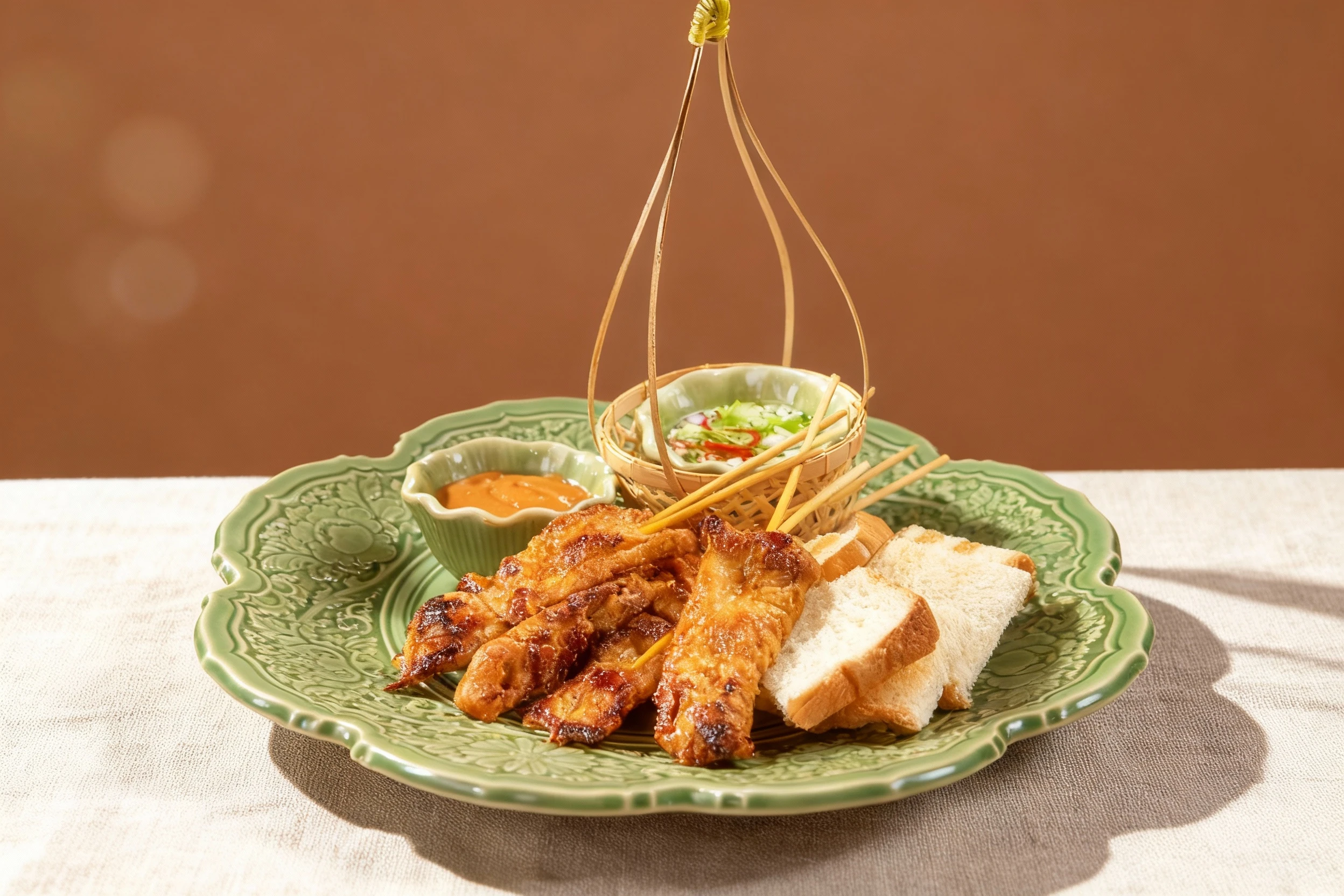 Grilled meat skewers (satay) served with slices of white bread, accompanied by a creamy peanut dipping sauce and a fresh cucumber and chili relish.