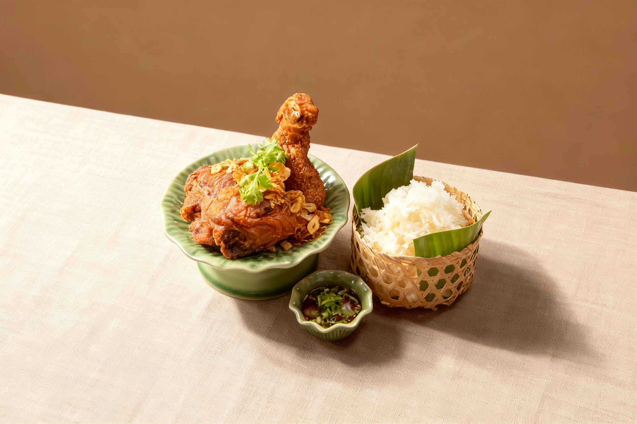 A traditional Thai dish featuring deep-fried chicken, topped with fried garlic and fresh cilantro, served alongside sticky rice presented in a bamboo basket lin