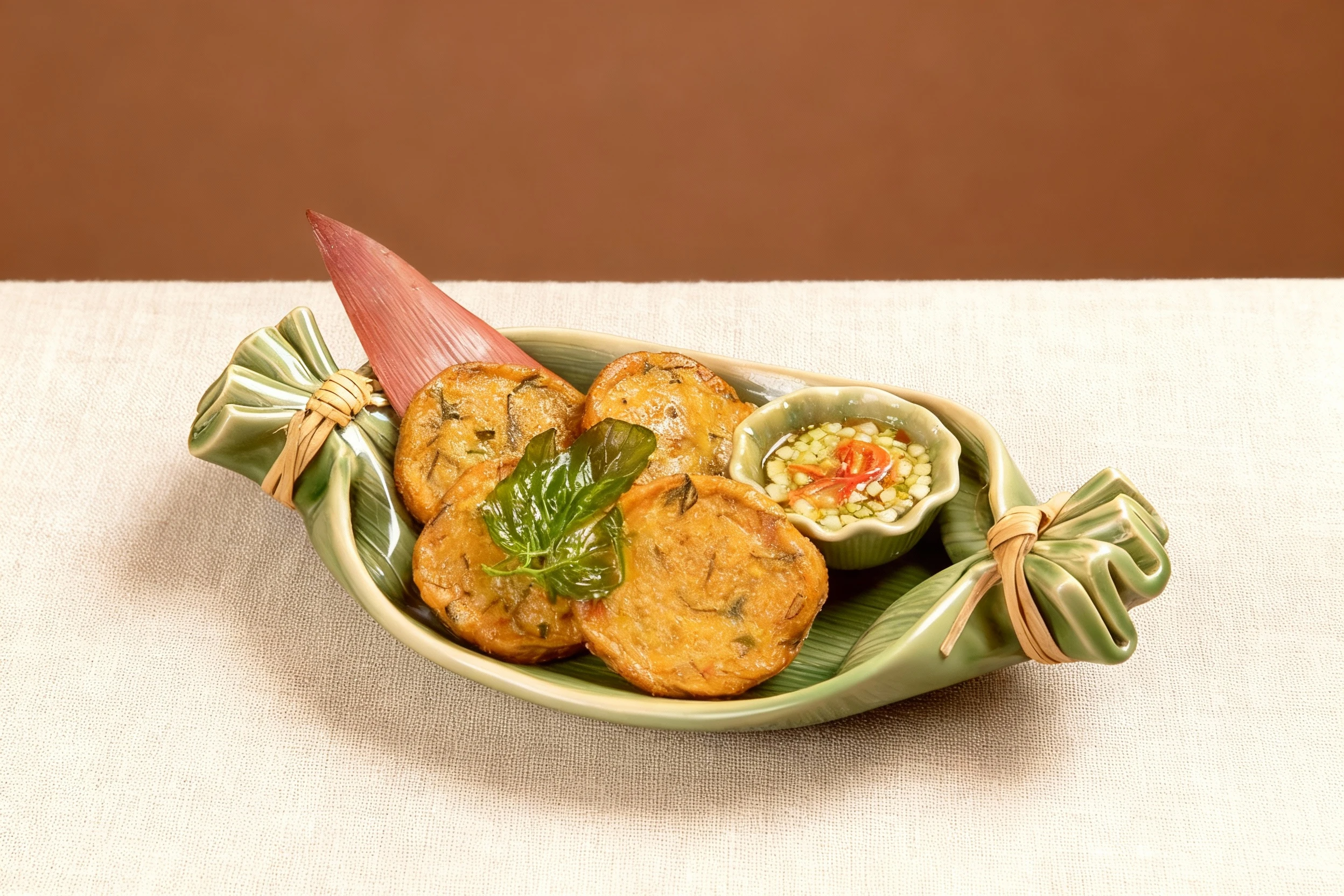 Four fried Thai fish cakes (Tod Mun Pla) seasoned with herbs are served on a decorative green leaf-shaped platter alongside a small dipping bowl of chili and cu