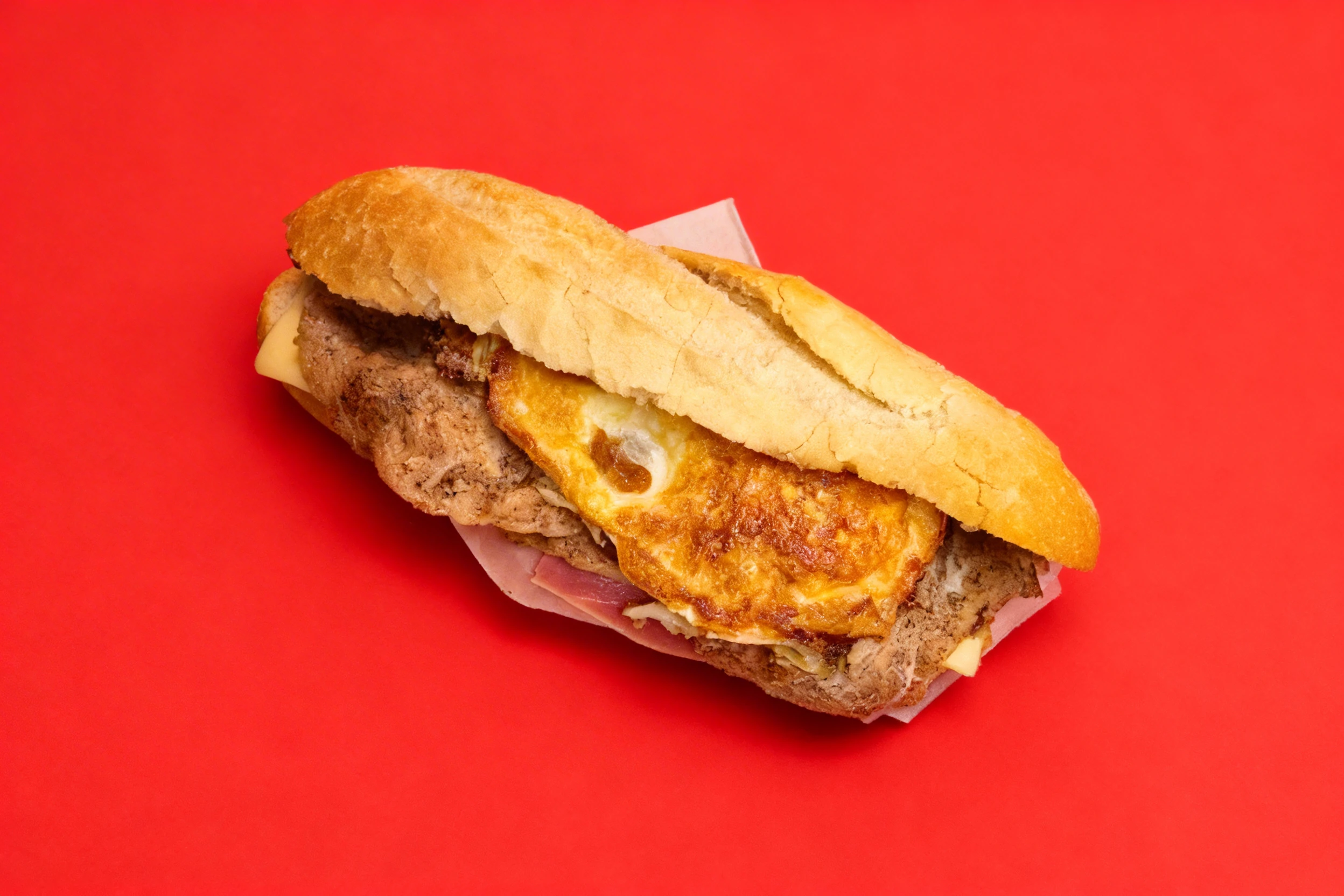 A long baguette sandwich filled with a fried egg, thin beef steak, ham, and a slice of cheese.