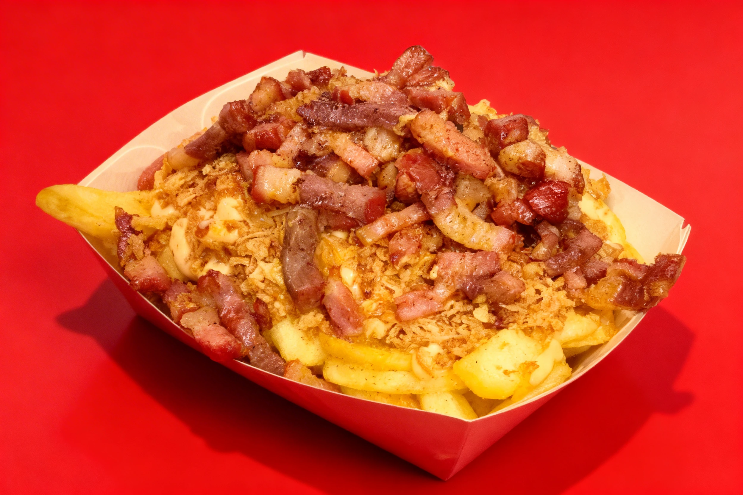 Loaded french fries topped with melted cheese sauce, crispy fried onions, and thick-cut pieces of bacon.