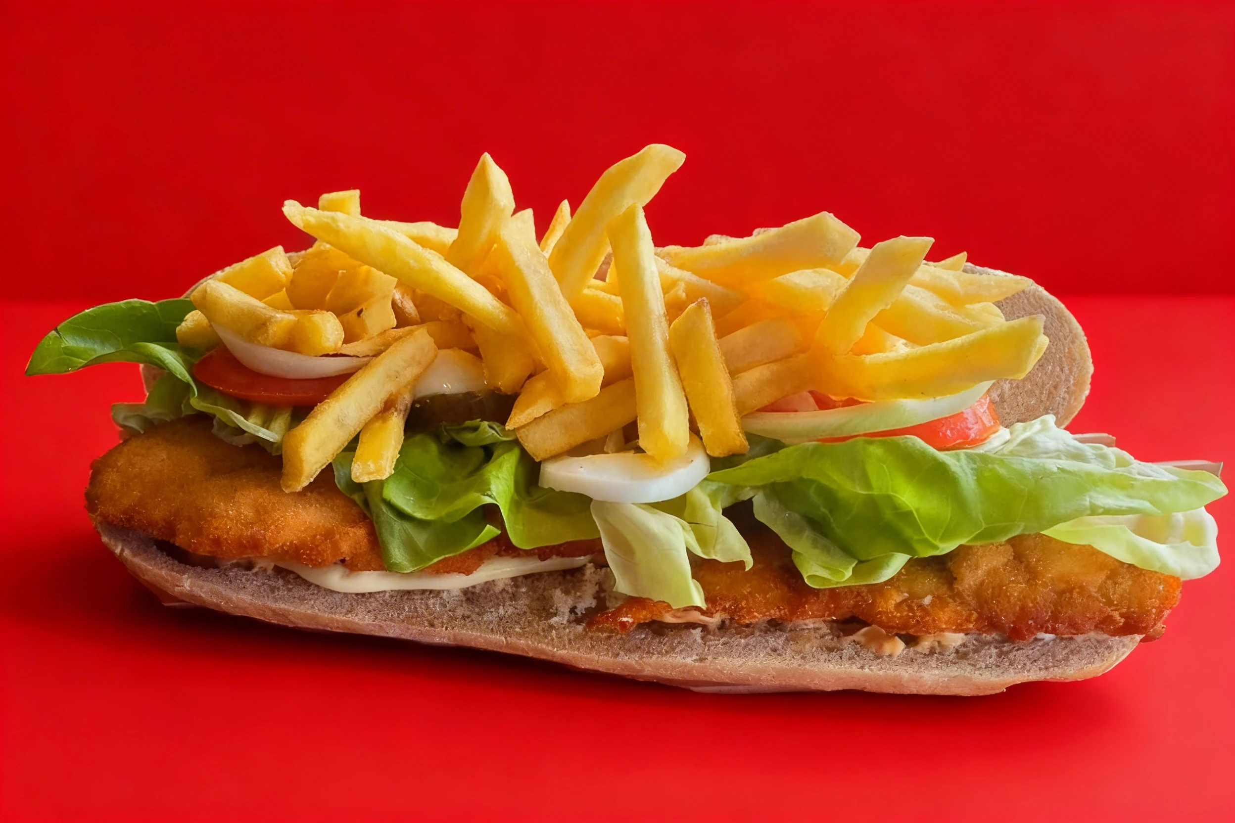 A schnitzel sandwich on a long roll topped with french fries, fresh lettuce, sliced tomatoes, onions, and mayonnaise.