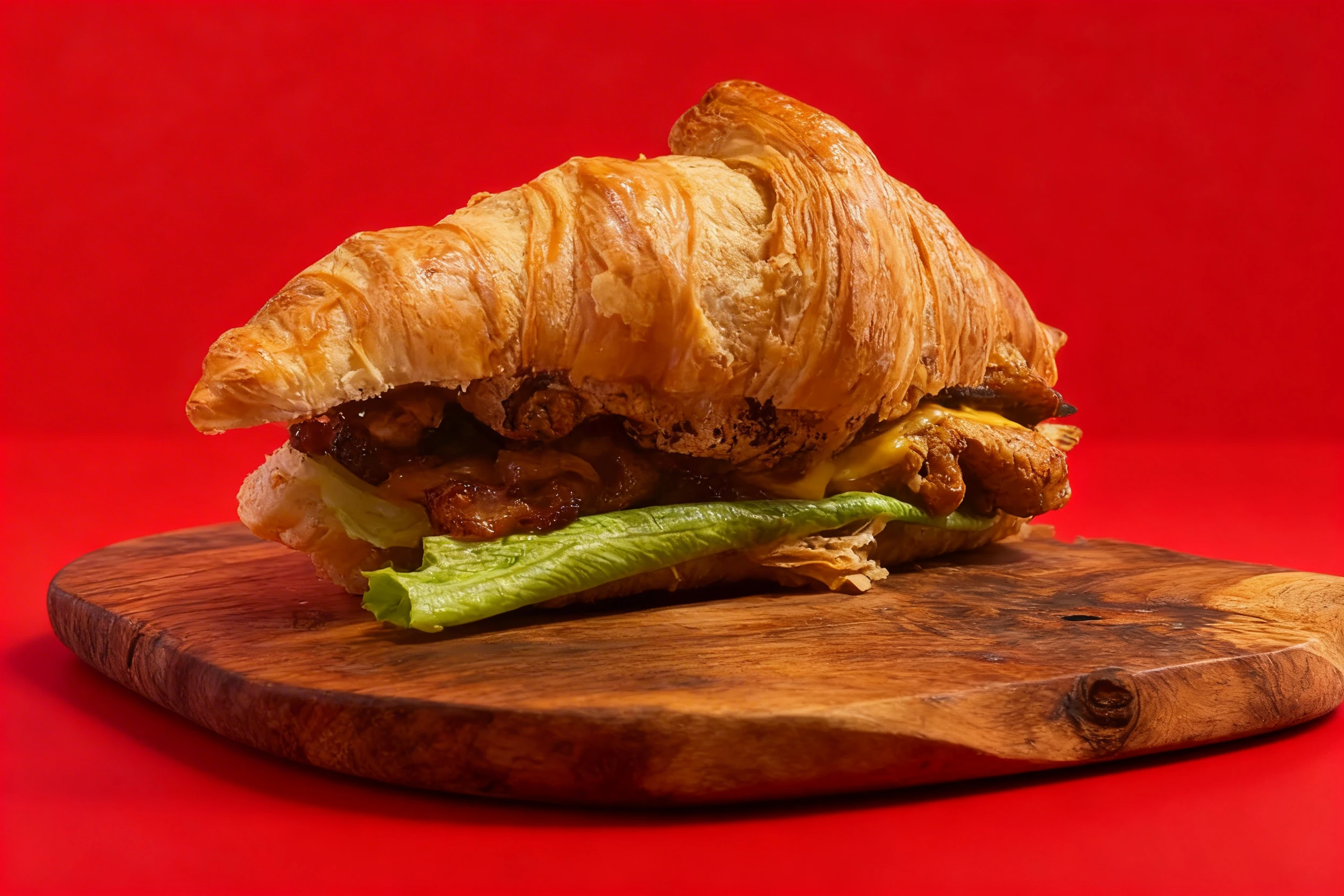 A large croissant sandwich filled with grilled meat, melted cheese, and a fresh lettuce leaf served on a rustic wooden board.