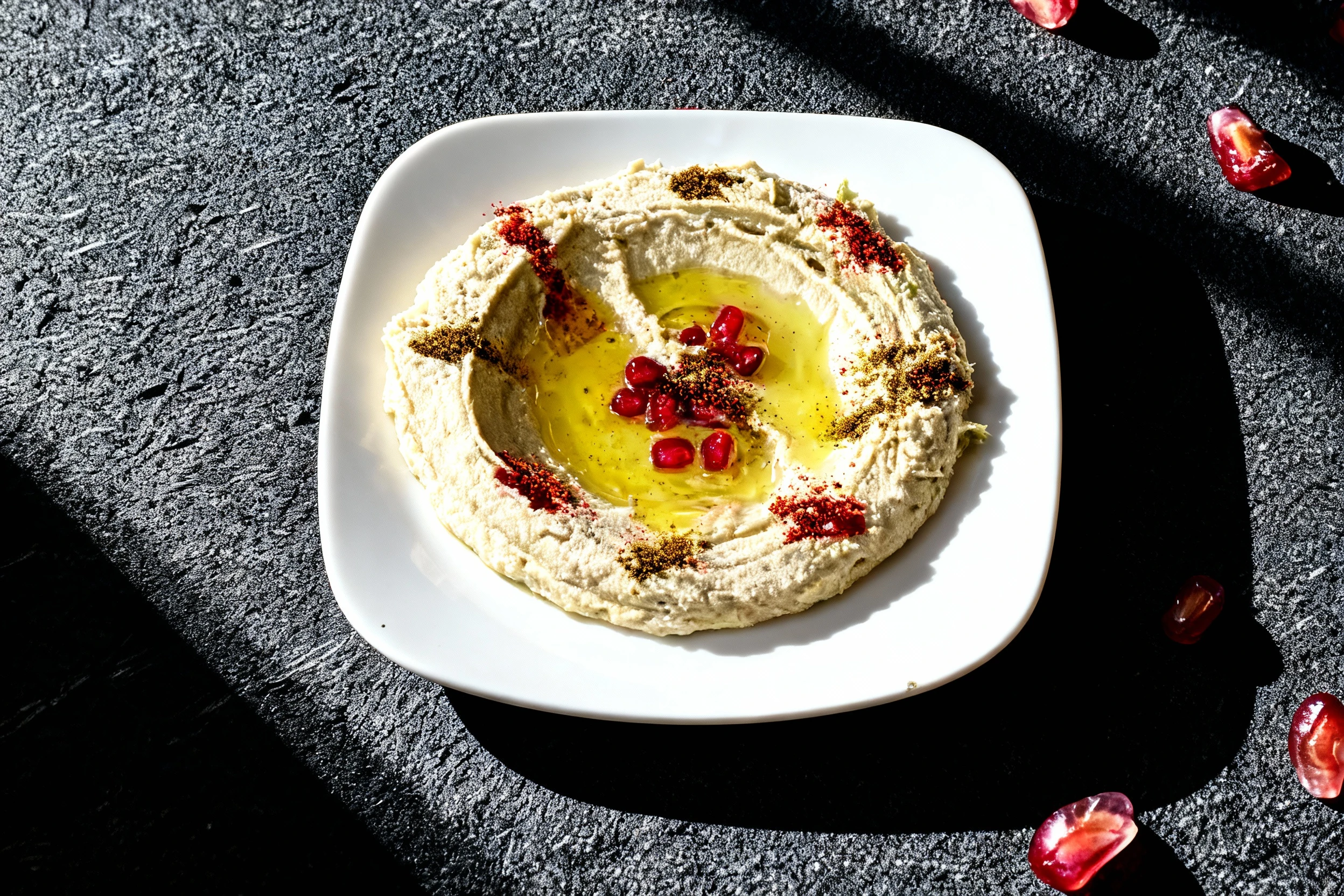 A plate of creamy hummus topped with a generous drizzle of olive oil, garnished with vibrant pomegranate seeds and a mix of spices, likely sumac and cumin.