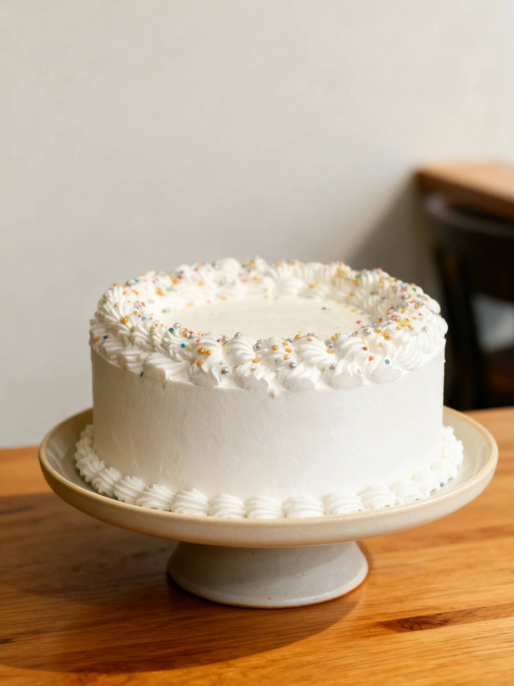 A round white frosted cake featuring piped buttercream borders and colorful sprinkles on top.
