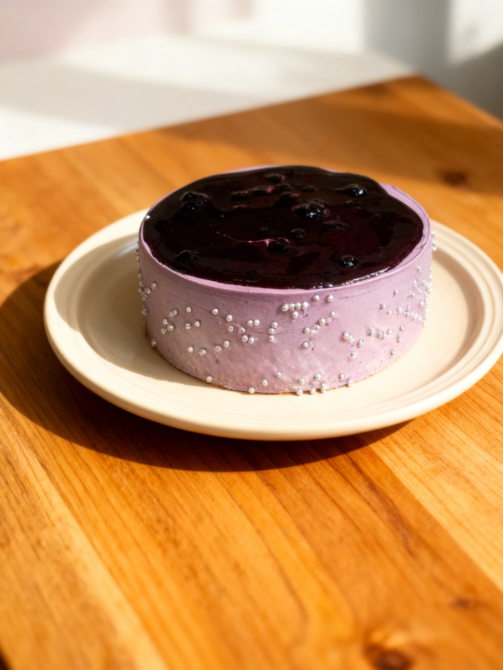 A round purple layer cake topped with dark berry compote and decorated with silver sugar pearls along the sides.