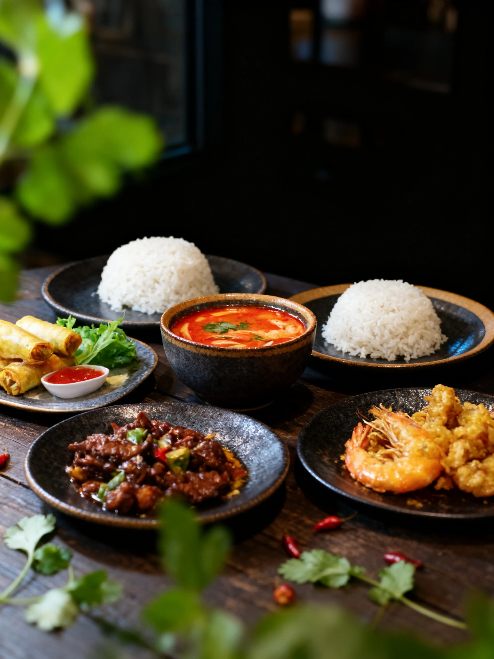 A multi-course Thai meal featuring Tom Yum soup, stir-fried beef with peppers, crispy spring rolls with chili sauce, and golden-fried shrimp served with steamed
