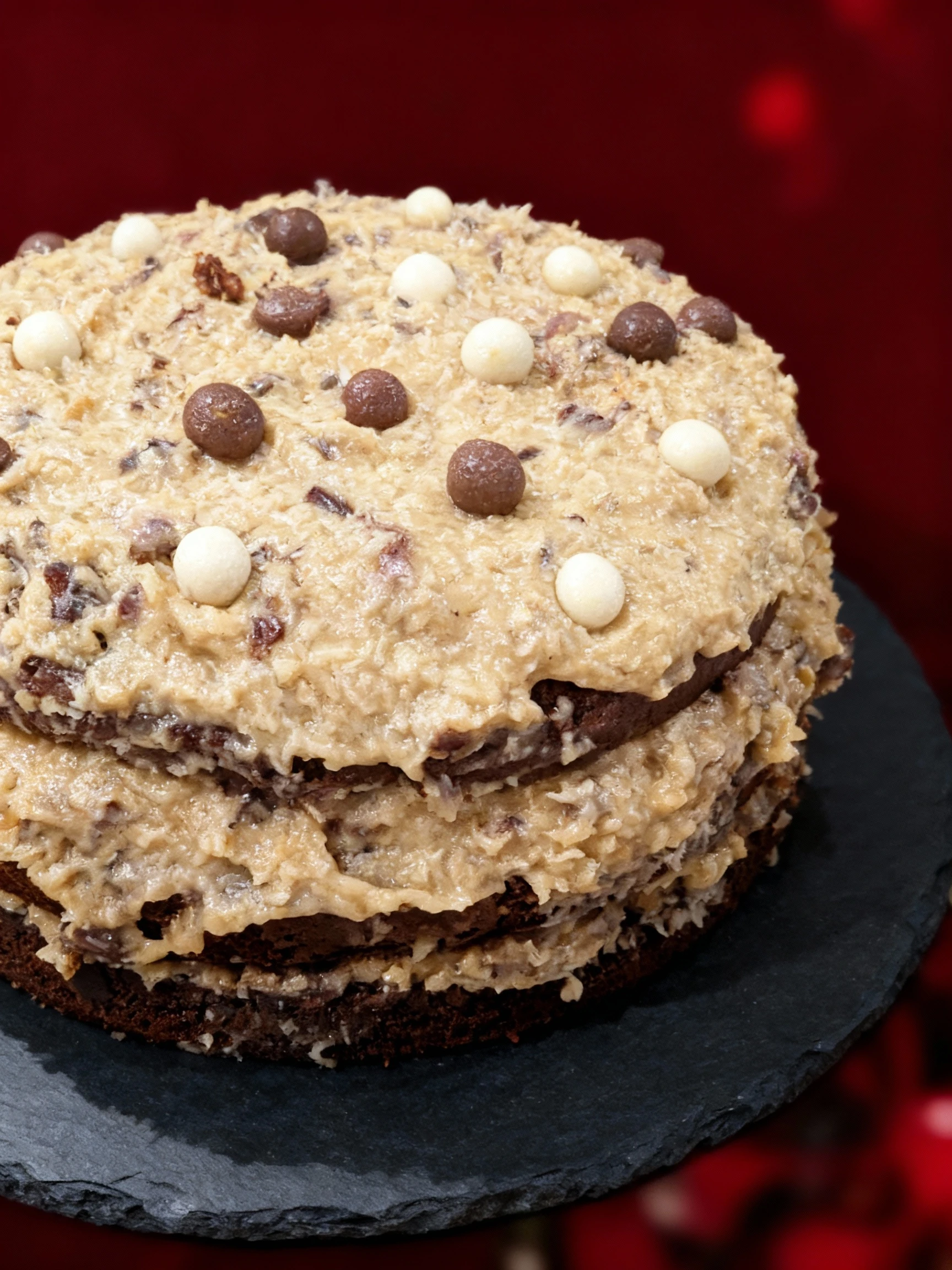 A two-layer chocolate cake generously coated in a thick, textured coconut and pecan frosting, decorated on top with scattered small white and milk chocolate can