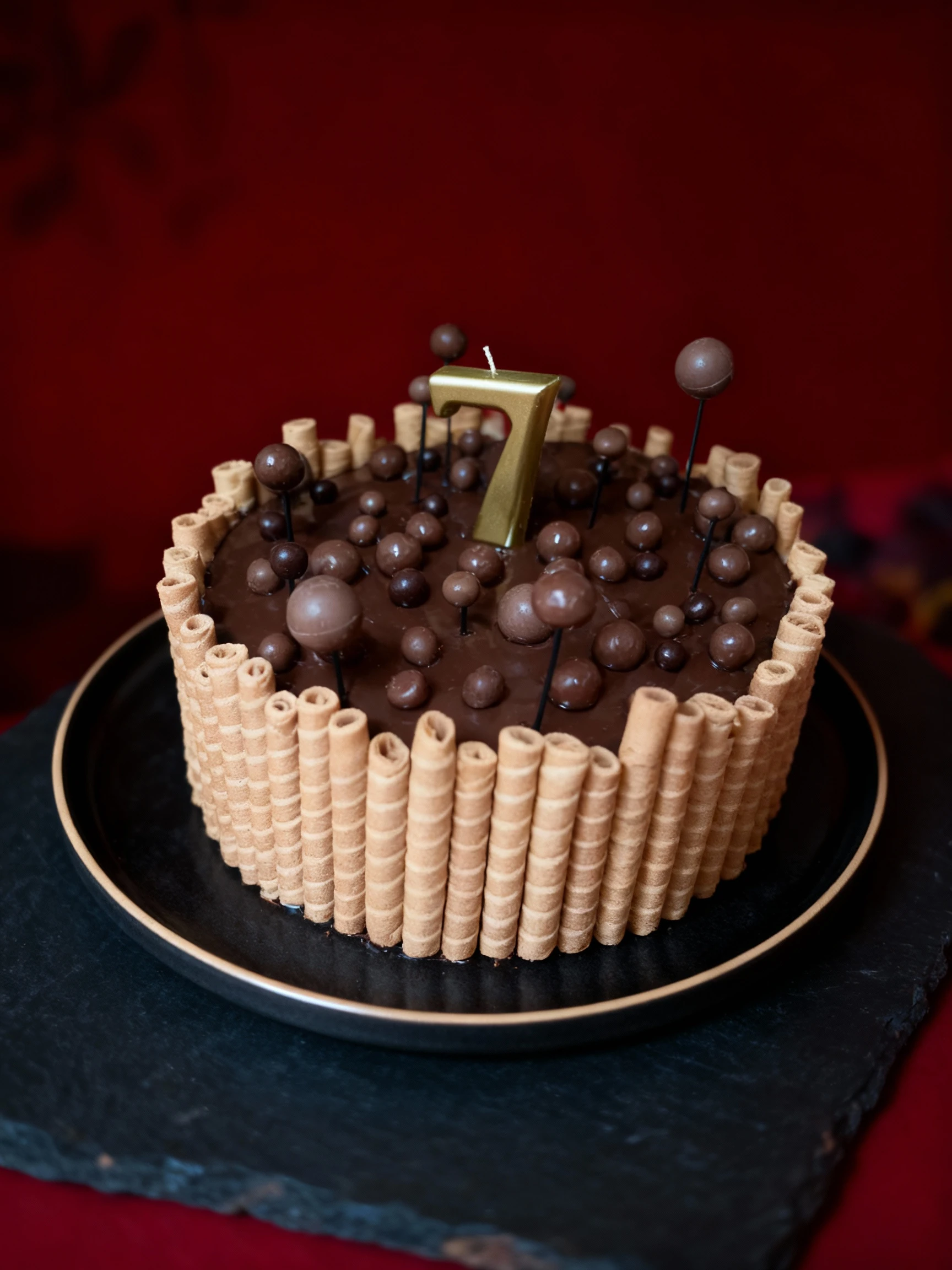 A round chocolate birthday cake featuring a glossy chocolate icing topped with various sizes of chocolate spheres, some elevated on black sticks, and centered w
