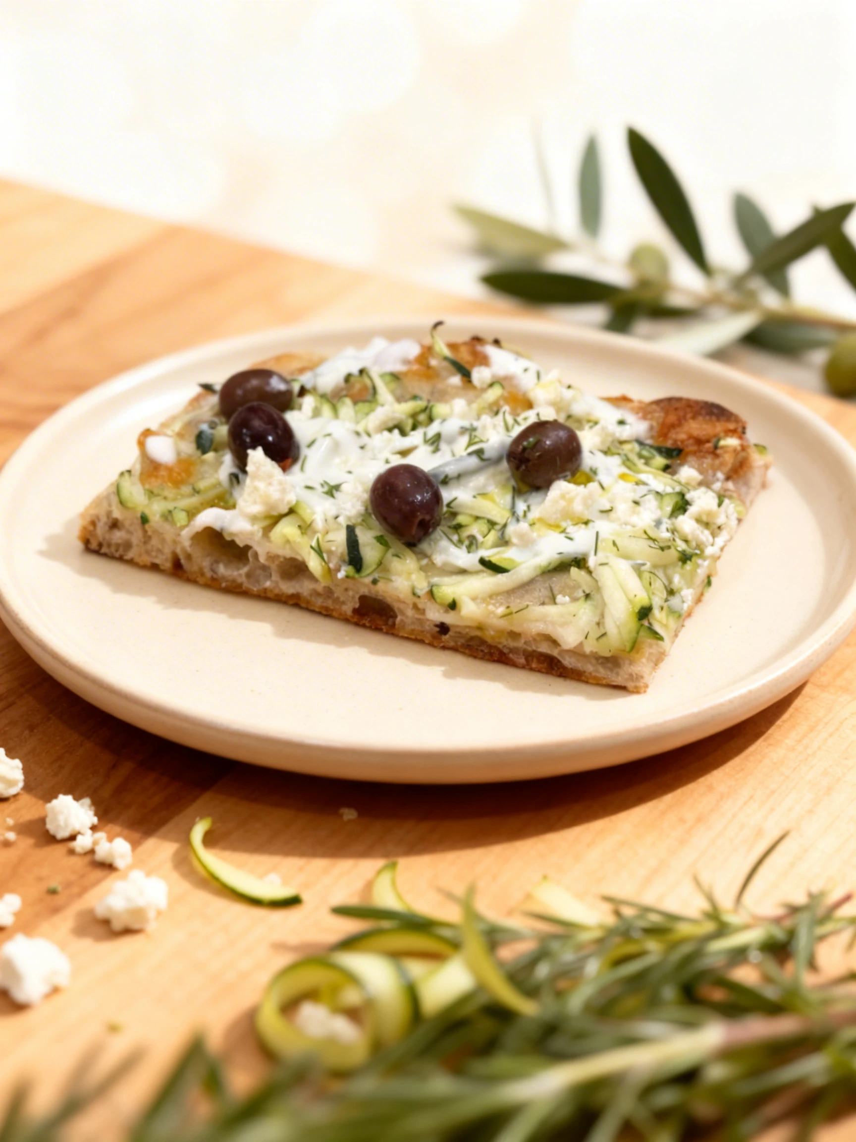 A slice of focaccia-style pizza topped with shredded zucchini, whole Kalamata olives, crumbled feta cheese, and a drizzle of white sauce.