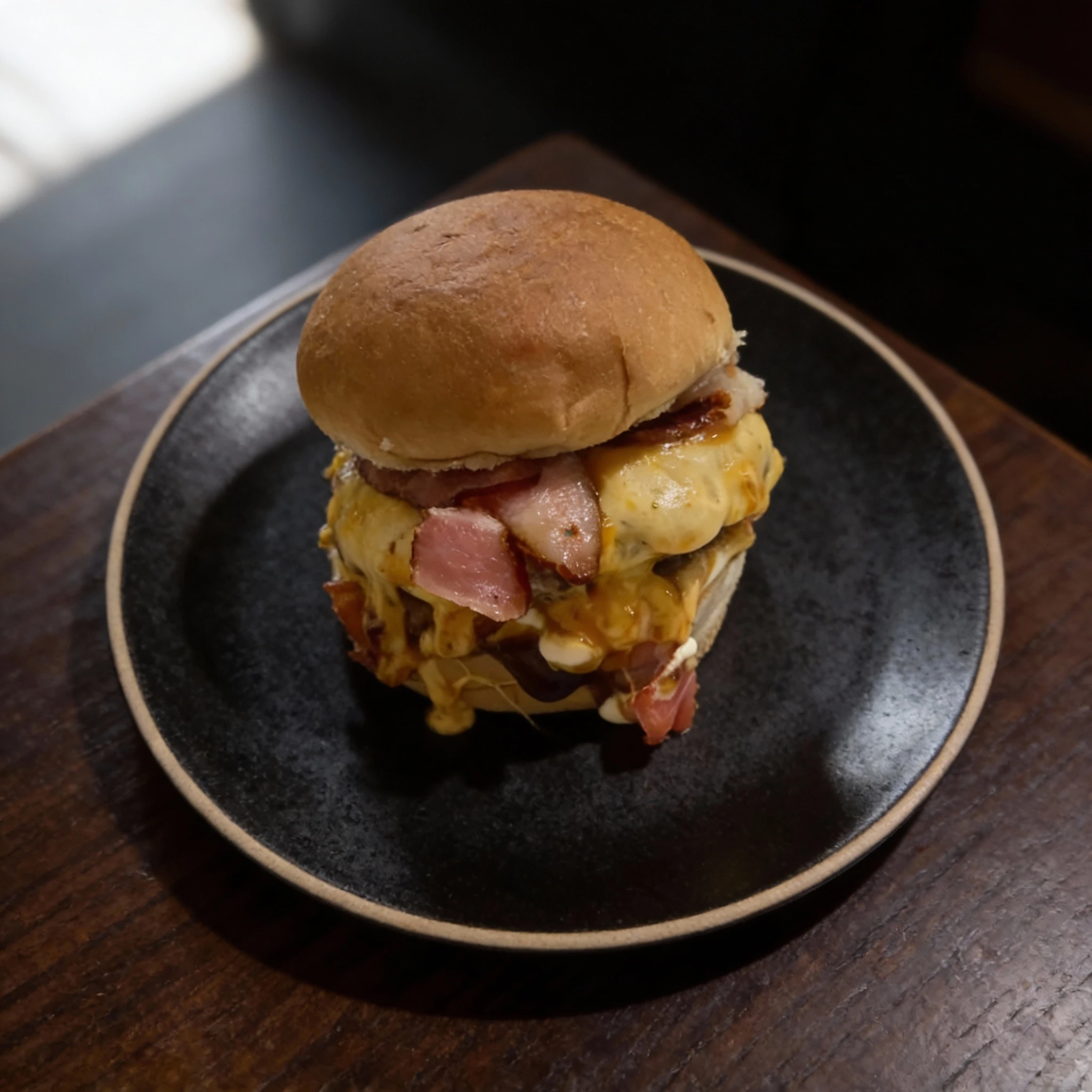 A towering gourmet burger featuring thick, melted yellow cheese cascading over the sides, layered with large pieces of bacon, dark barbecue sauce, and white may