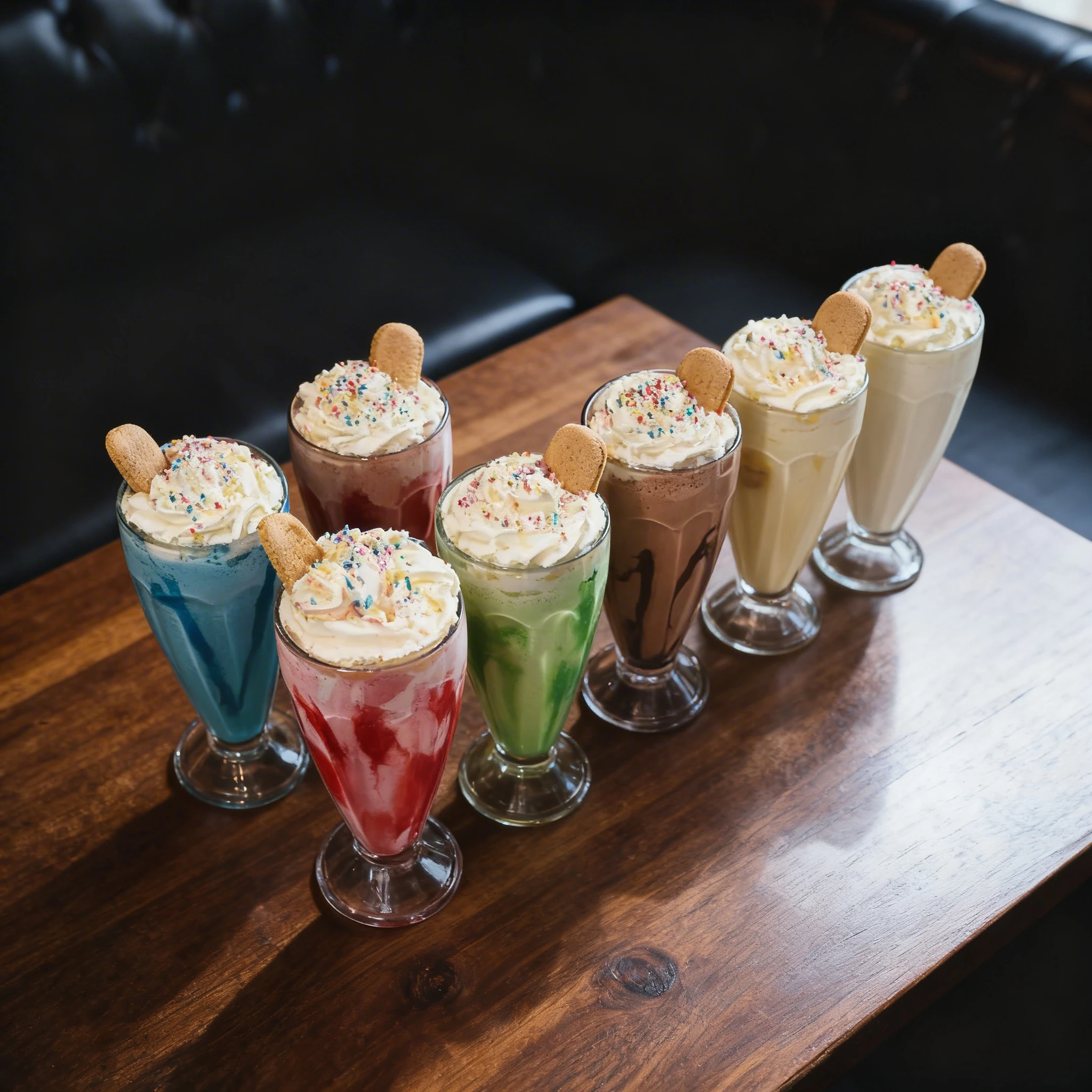 A variety of colorful milkshakes in tall glass flutes topped with whipped cream, multi-colored sprinkles, and wafer cookies.