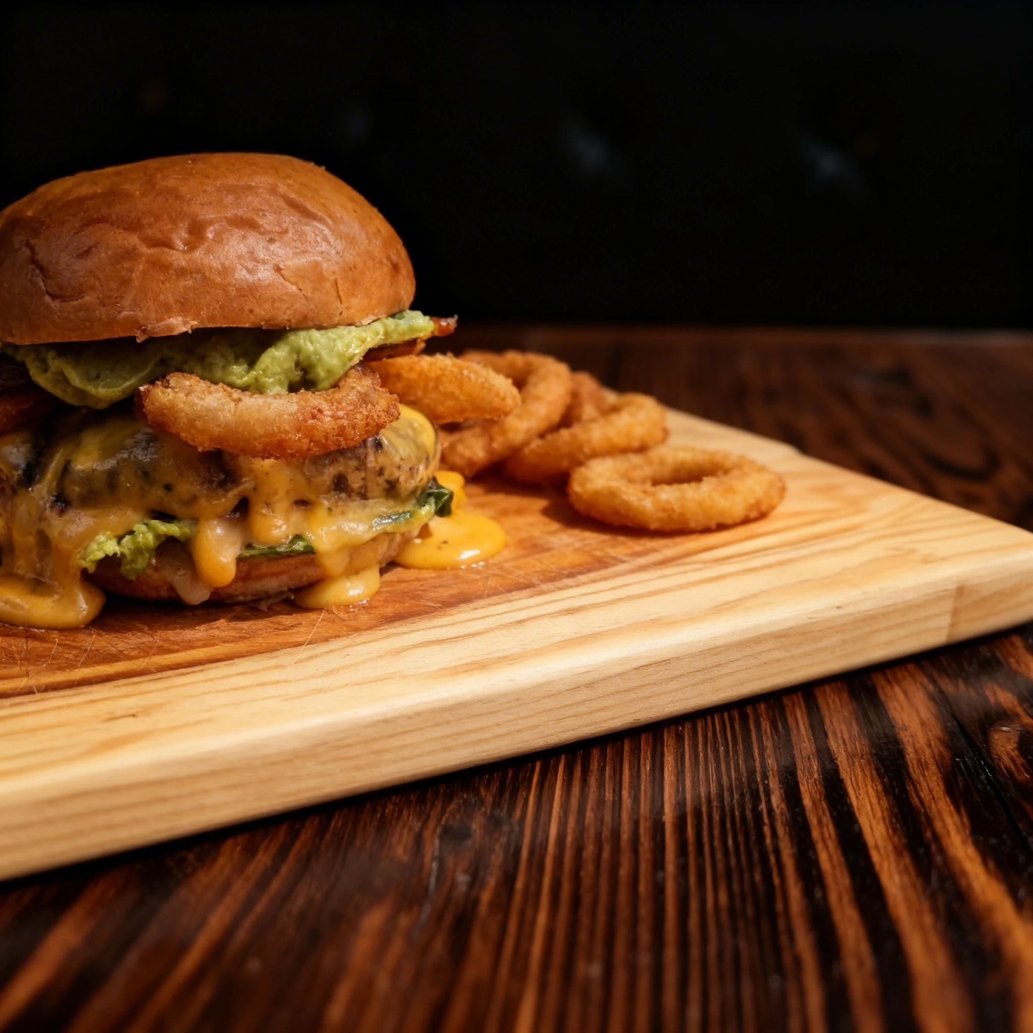 Beef burger with melted cheese, guacamole, and crispy onion rings served on a wooden board alongside a portion of deep-fried onion rings.