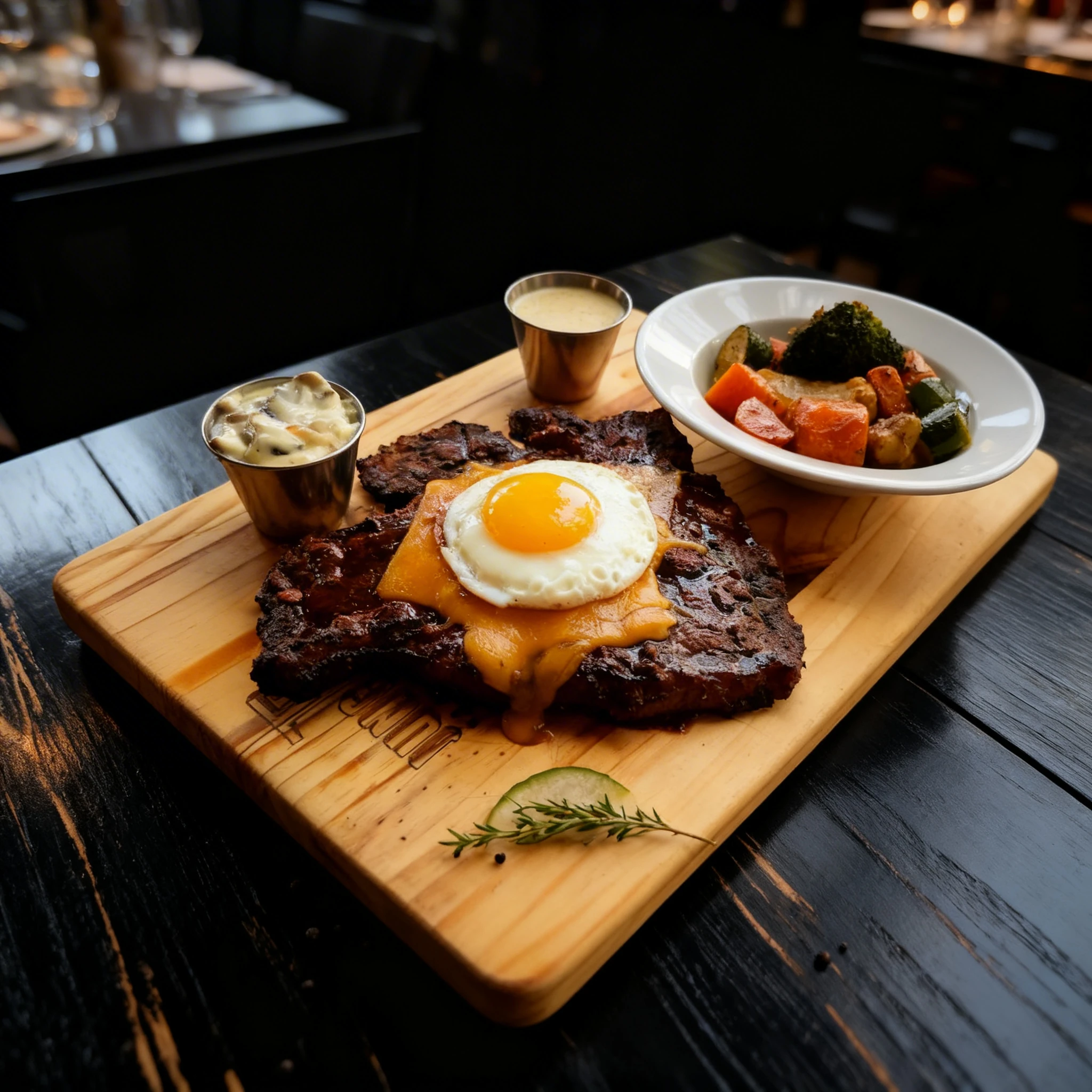 Grilled steak topped with melted cheddar cheese and a sunny-side-up egg, served with a side of roasted vegetables and creamy mushroom sauce.