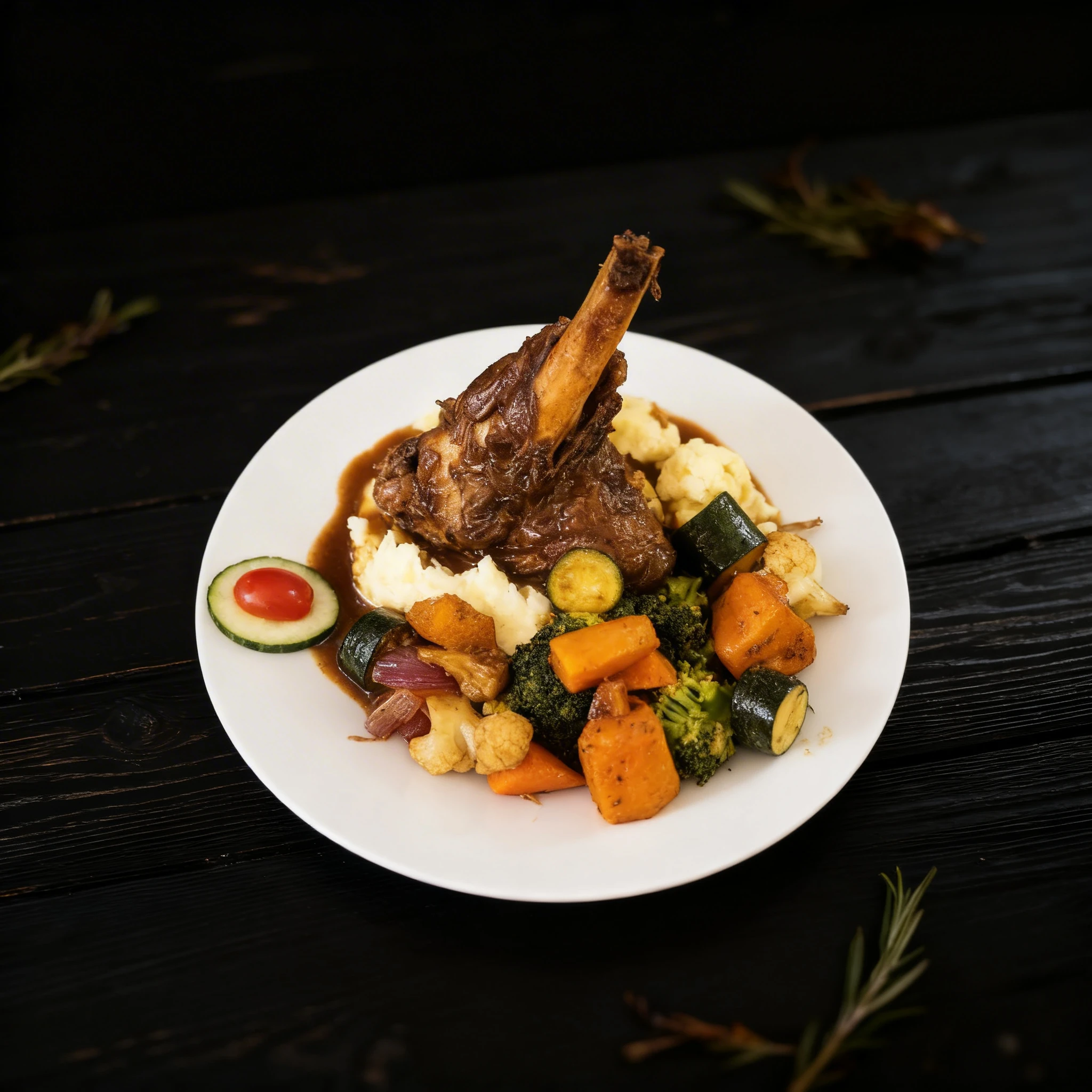 Slow-cooked lamb shank served upright over mashed potatoes and gravy, accompanied by roasted vegetables including pumpkin, zucchini, broccoli, cauliflower, and