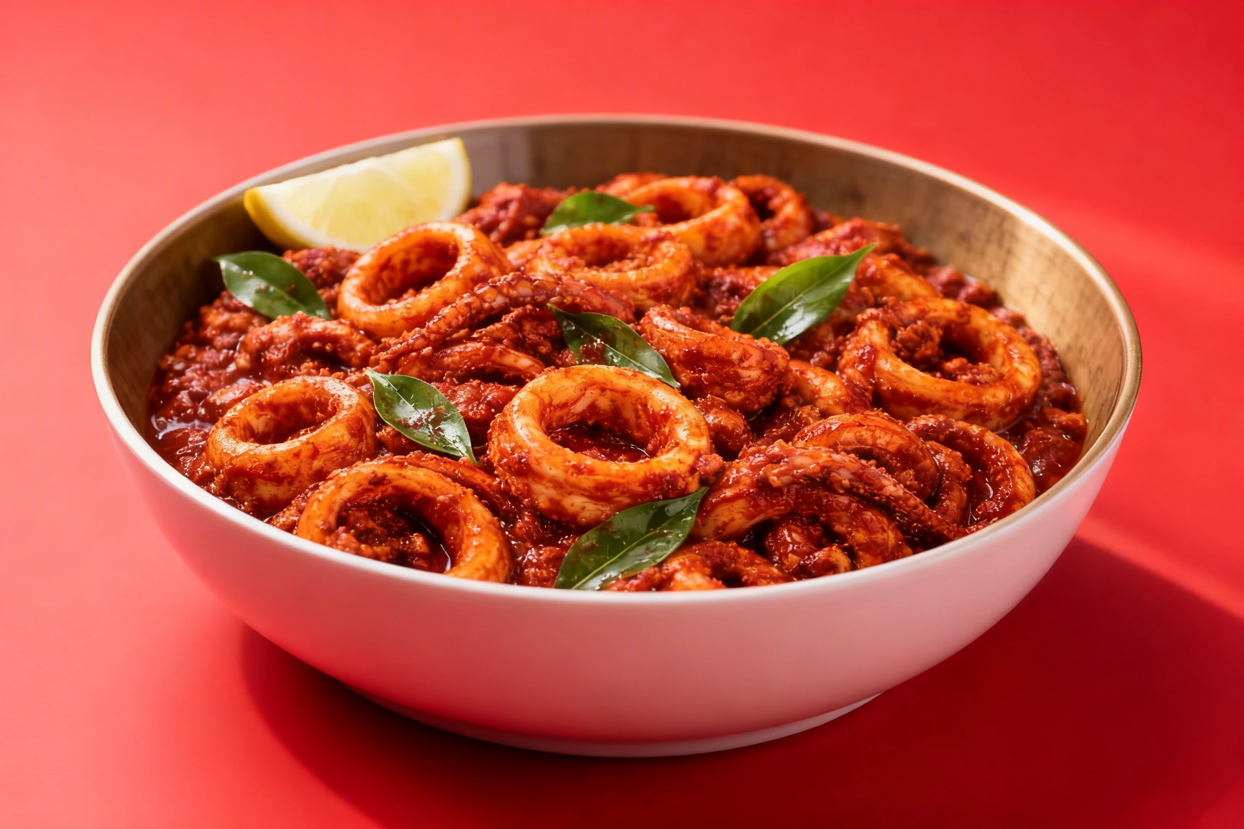 Squid rings and tentacles in a thick red masala gravy, garnished with fresh curry leaves and a lemon wedge.