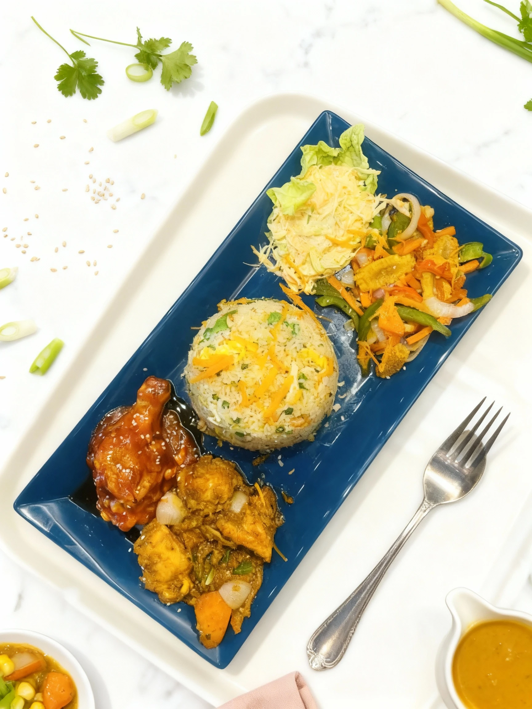 This combination plate features a dome of vegetable fried rice, a glazed chicken drumstick with sesame seeds, pieces of curried chicken, stir-fried vegetables (