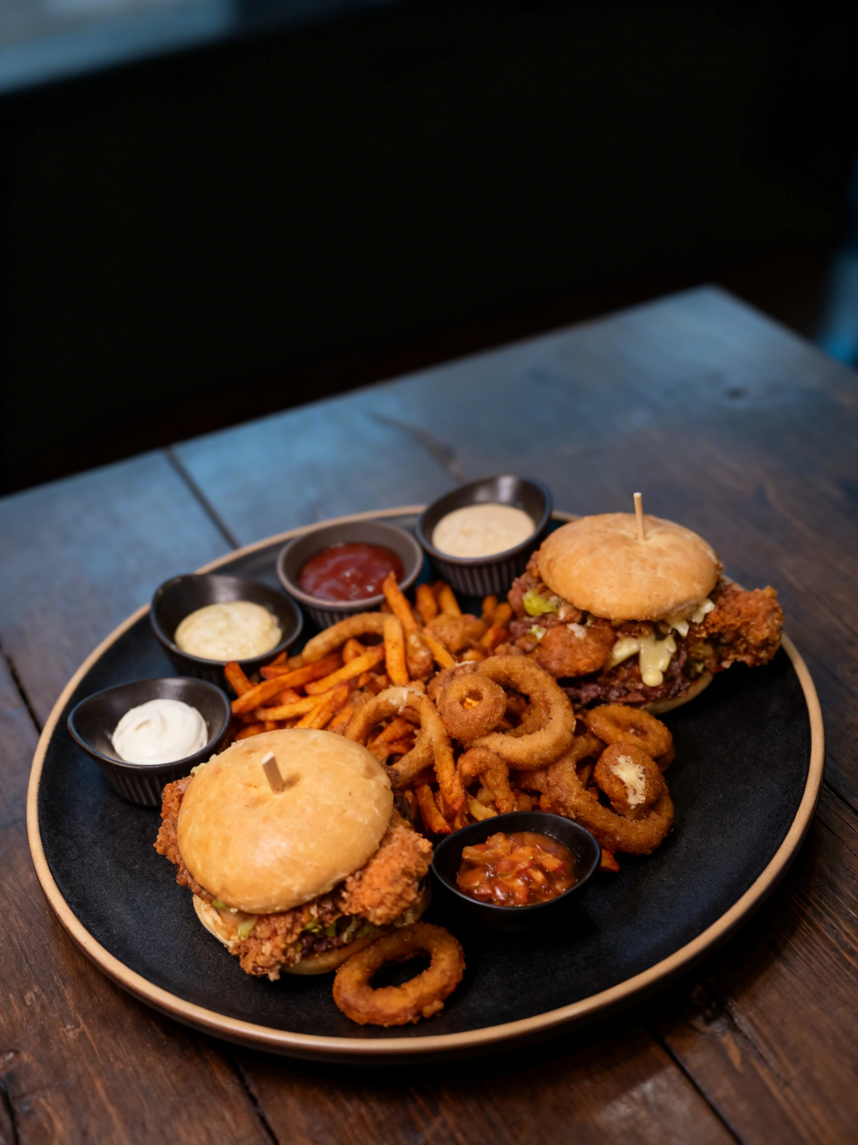 Two fried chicken burgers served with a large pile of onion rings, sweet potato fries, and four dipping sauces including ketchup, mayo, and salsa.