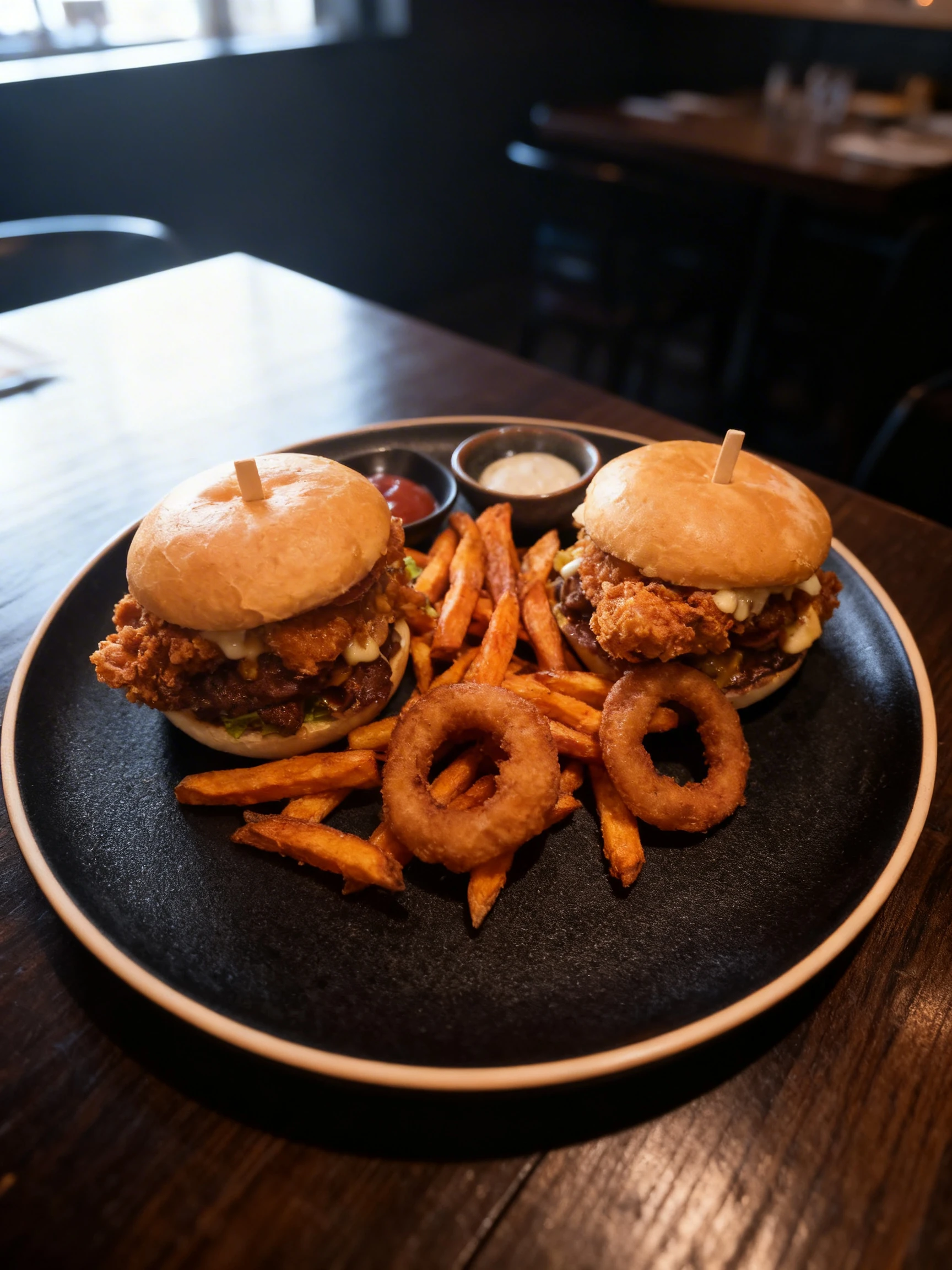 Two fried chicken burgers served on a platter with onion rings, sweet potato fries, and several dipping sauces including salsa and ketchup.
