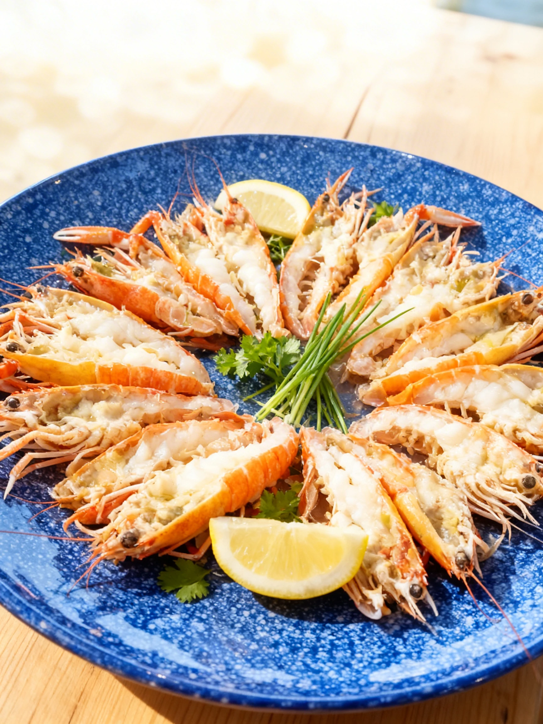A platter of langoustines or scampi split in half and arranged in a circular pattern on a glass plate.
