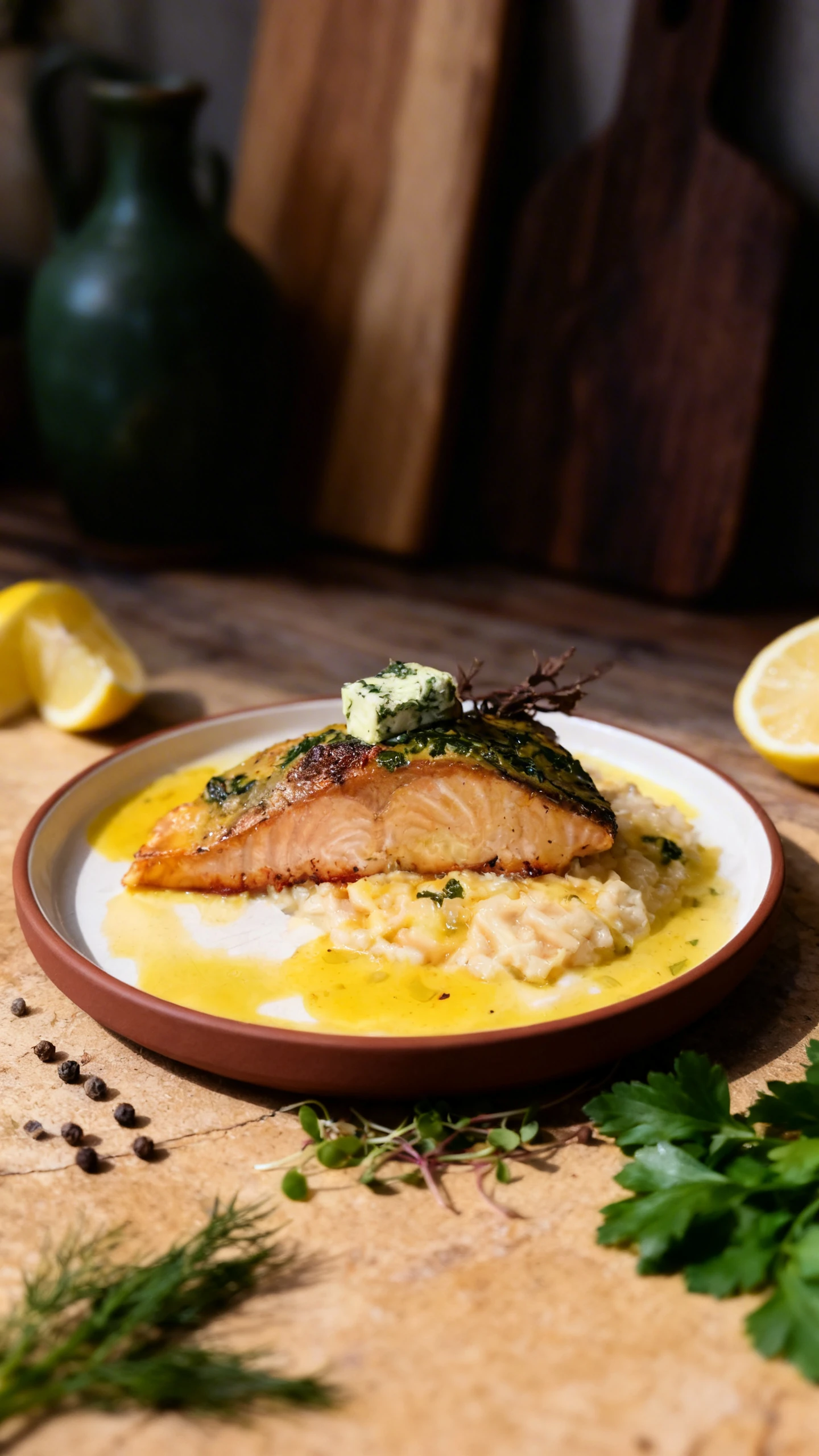 Pan-seared salmon fillet topped with herb butter and a dried sprig, served over a creamy risotto and pooled with yellow oil.