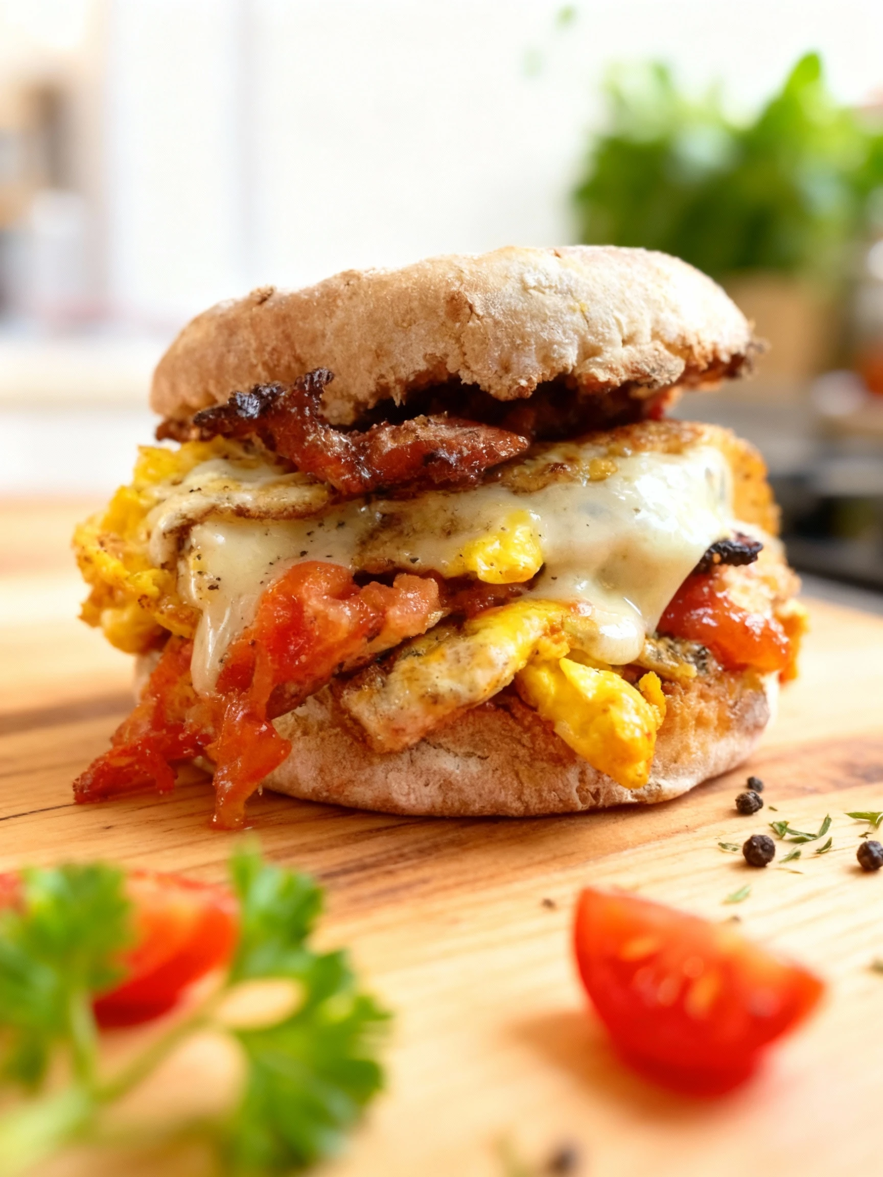 Breakfast sandwich on a toasted English muffin with crispy bacon, melted cheese, fried egg, and tomato jam.
