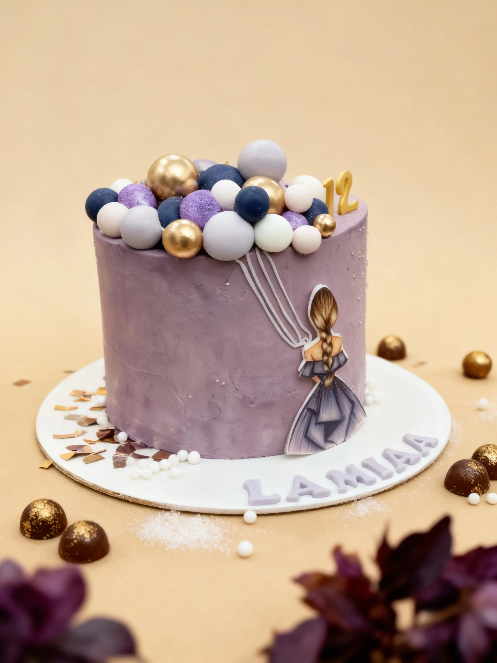 A tall, purple-frosted birthday cake decorated with a cluster of metallic gold, dark blue, white, and purple spheres, gold number "12" toppers, and a printed ed