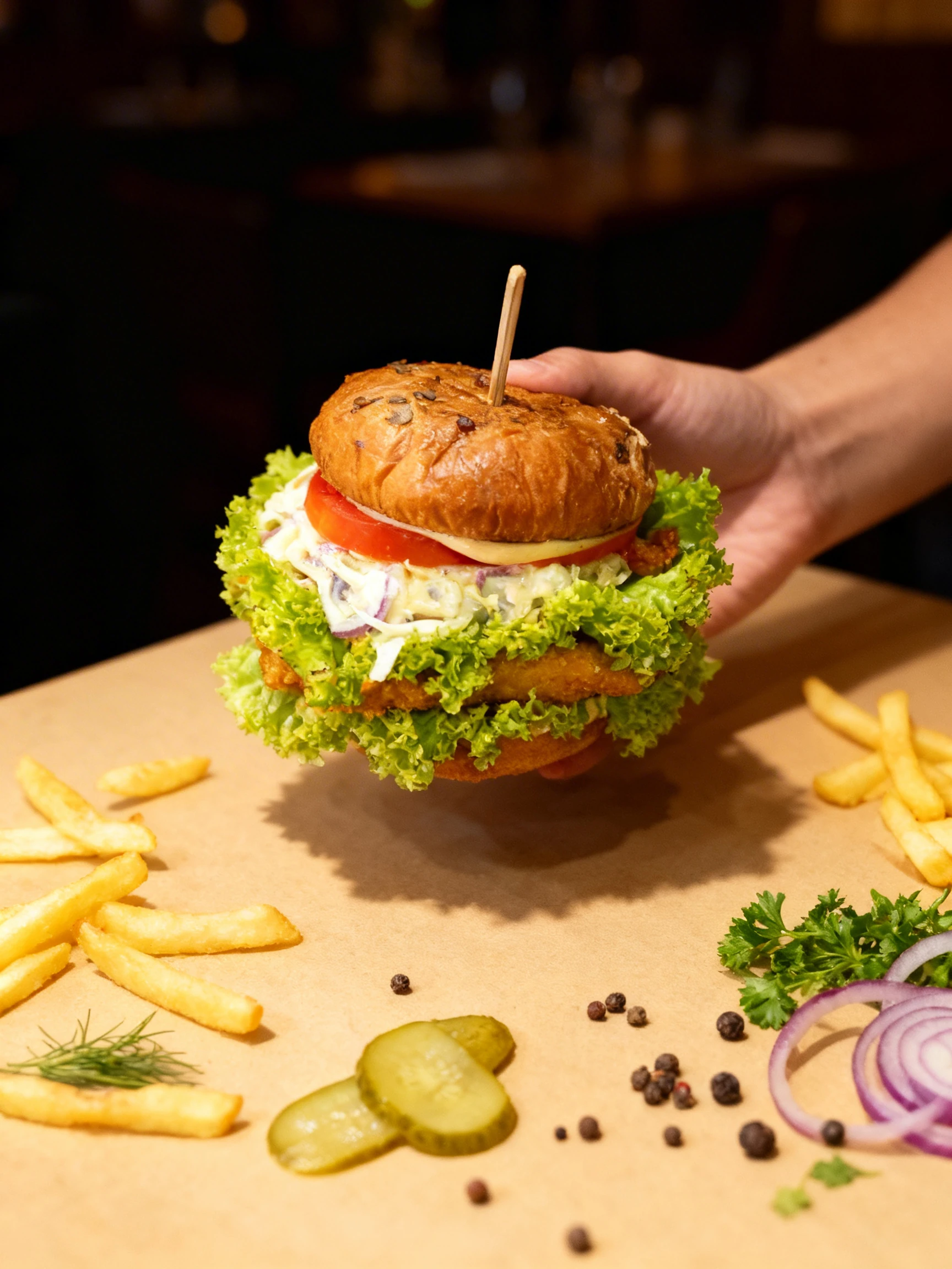 Double breaded chicken burger with frisée lettuce, fresh tomato slices, coleslaw, and creamy sauce on a seeded brioche bun, served with a side of French fries.