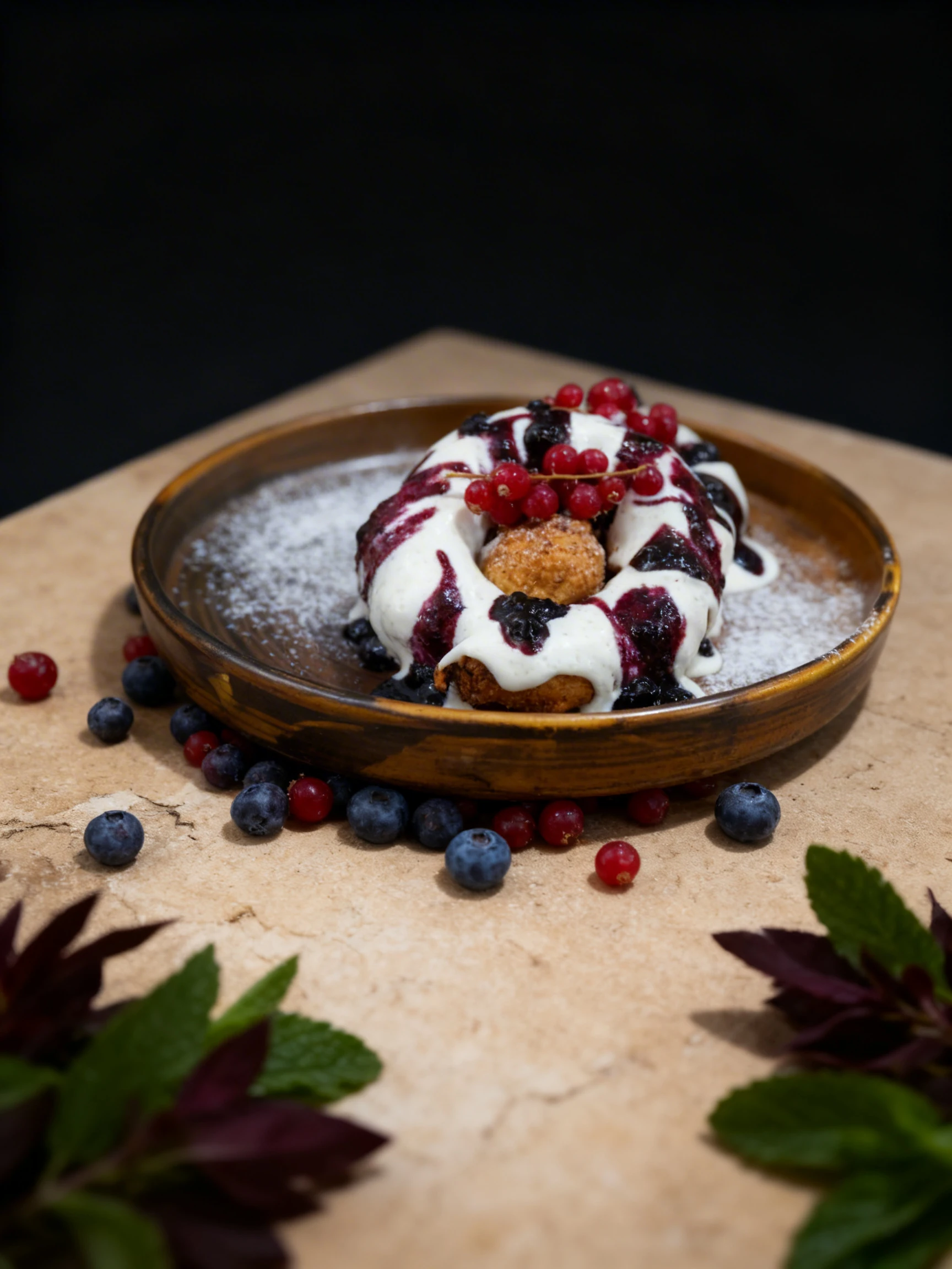 Papanasi fried doughnuts topped with sour cream, blueberry jam, powdered sugar, and fresh red currants.