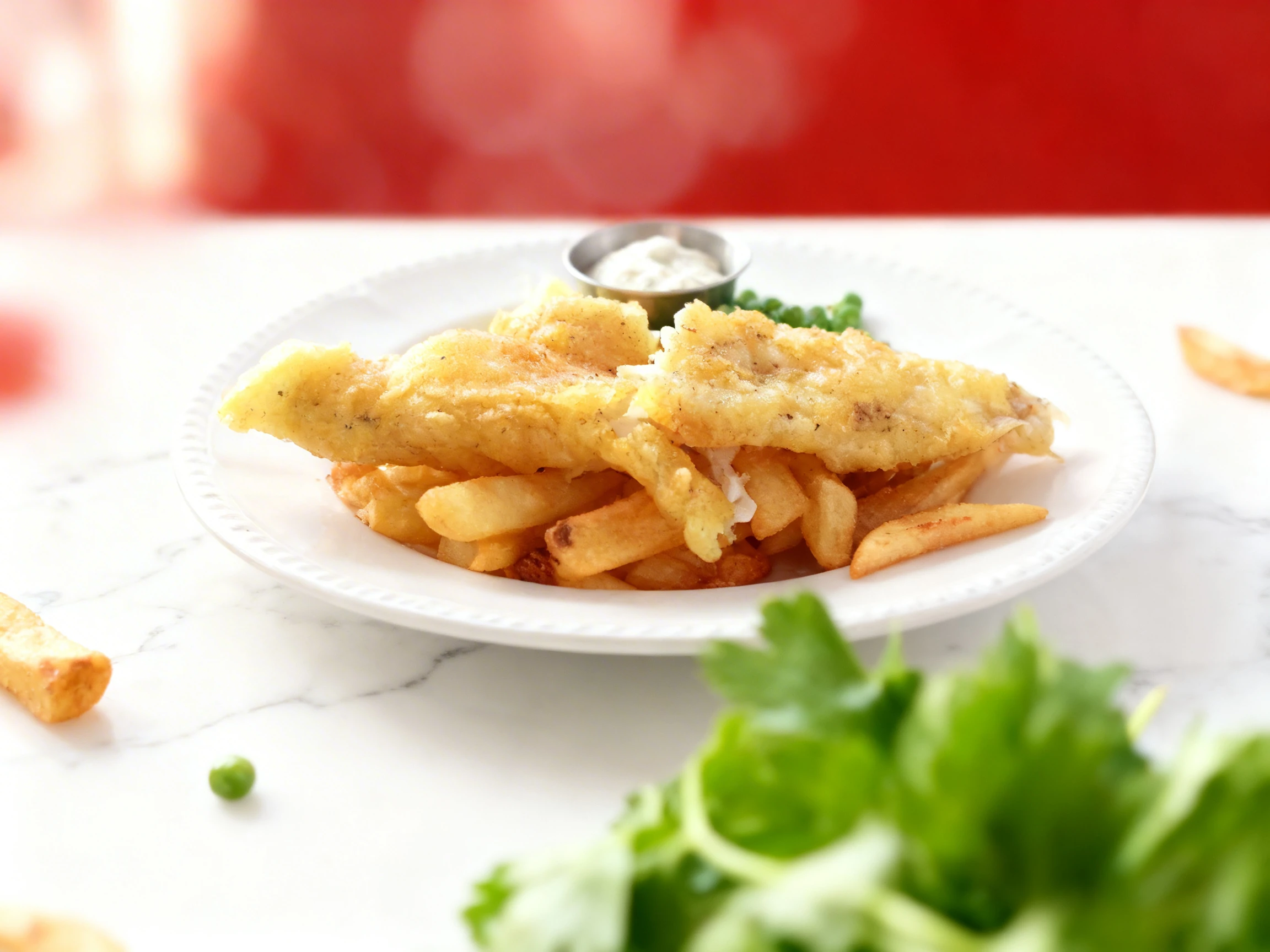 Traditional fish and chips featuring two pieces of battered white fish served over thick-cut fries with green peas, a lemon wedge, and a side of tartar sauce.