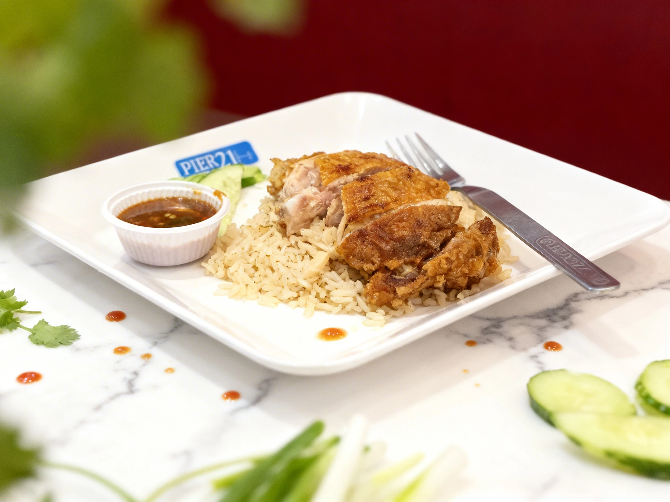 Crispy fried chicken sliced and served over seasoned ginger rice with cucumber slices and a side of chili dipping sauce.