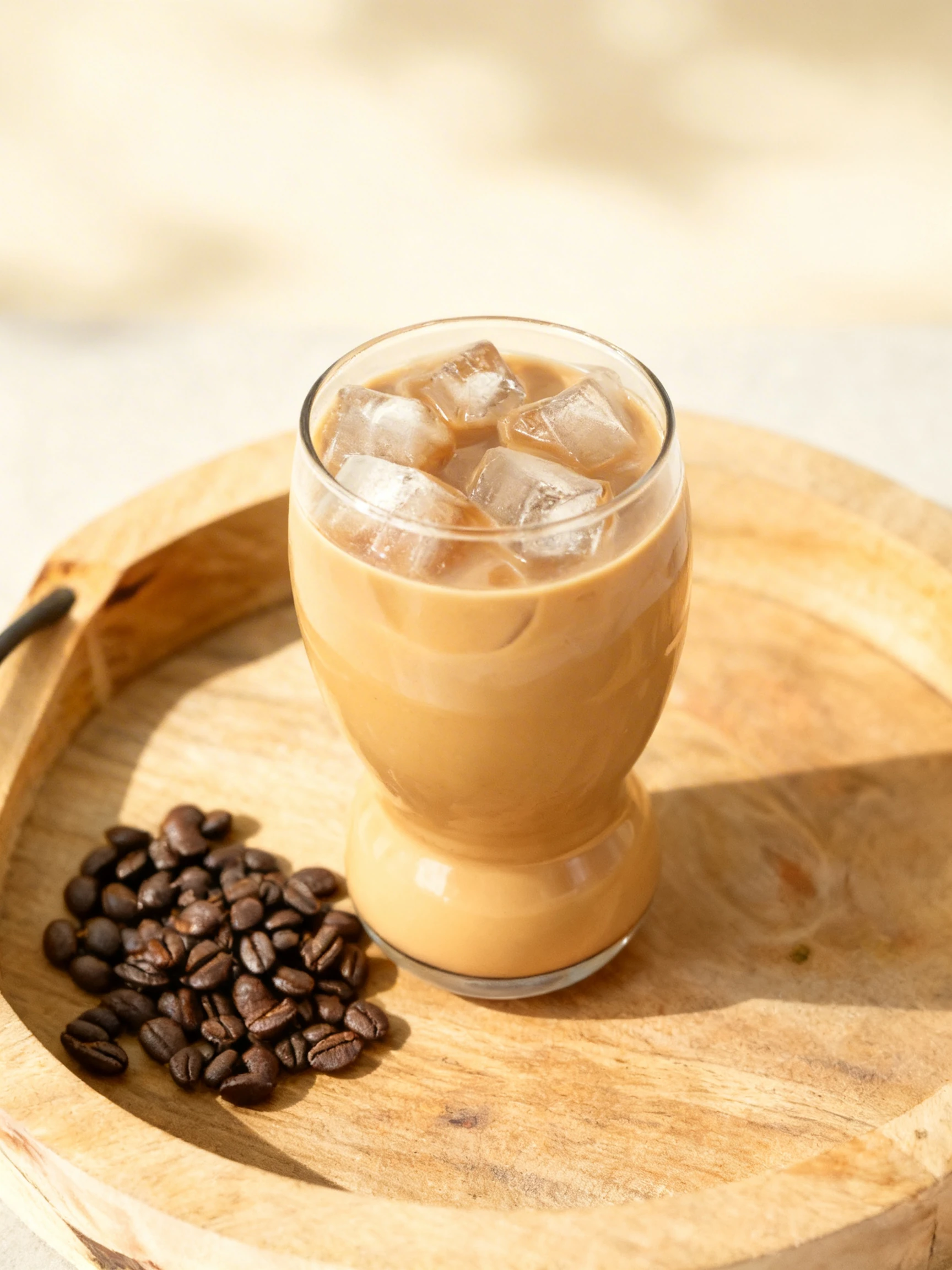 An iced protein coffee or latte served in a glass with square ice cubes, accompanied by a small pile of roasted coffee beans on a wooden tray.