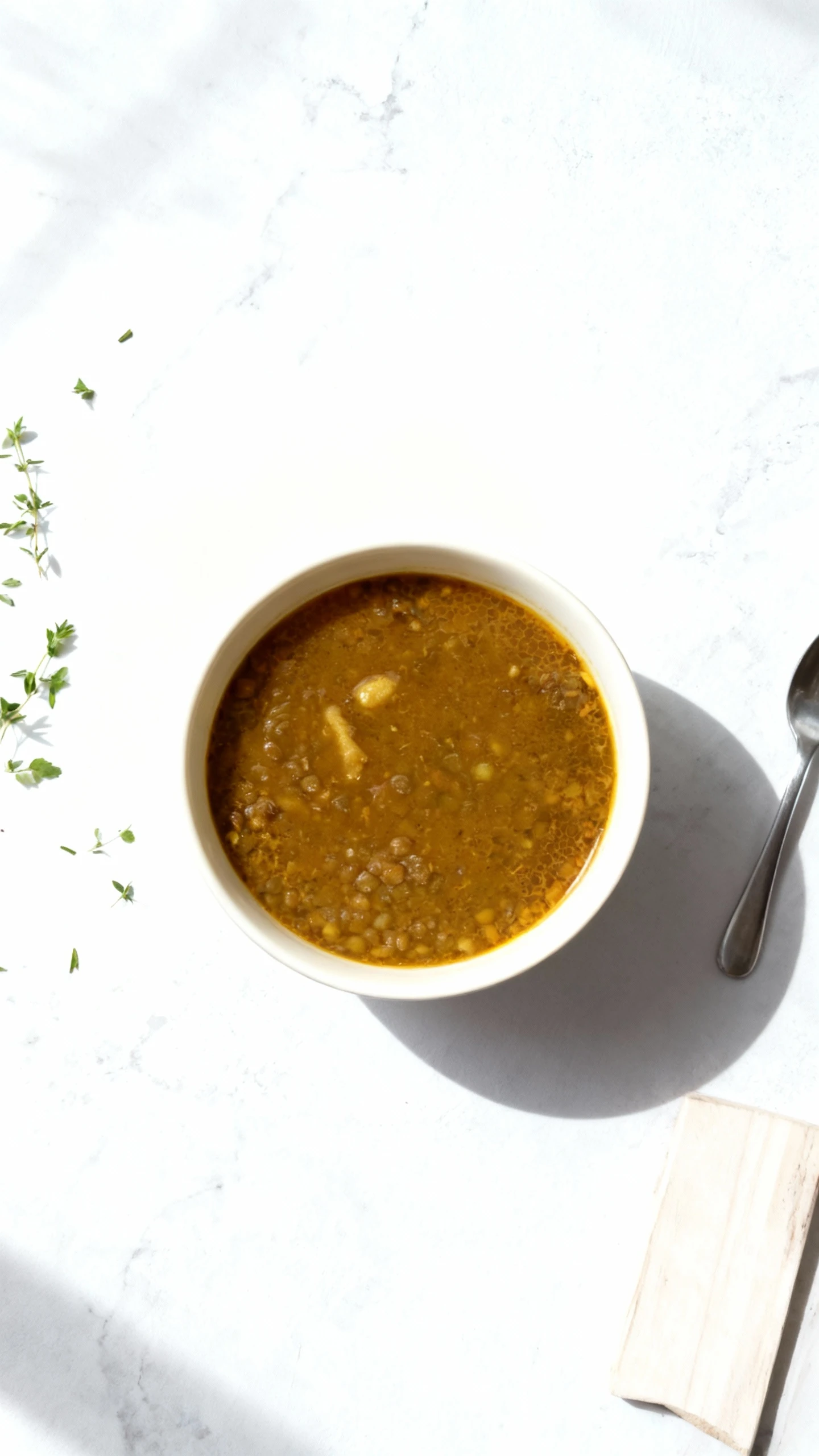 A hearty lentil stew featuring cooked whole lentils and visible chunks of potato, served in a rich, savory dark orange broth.