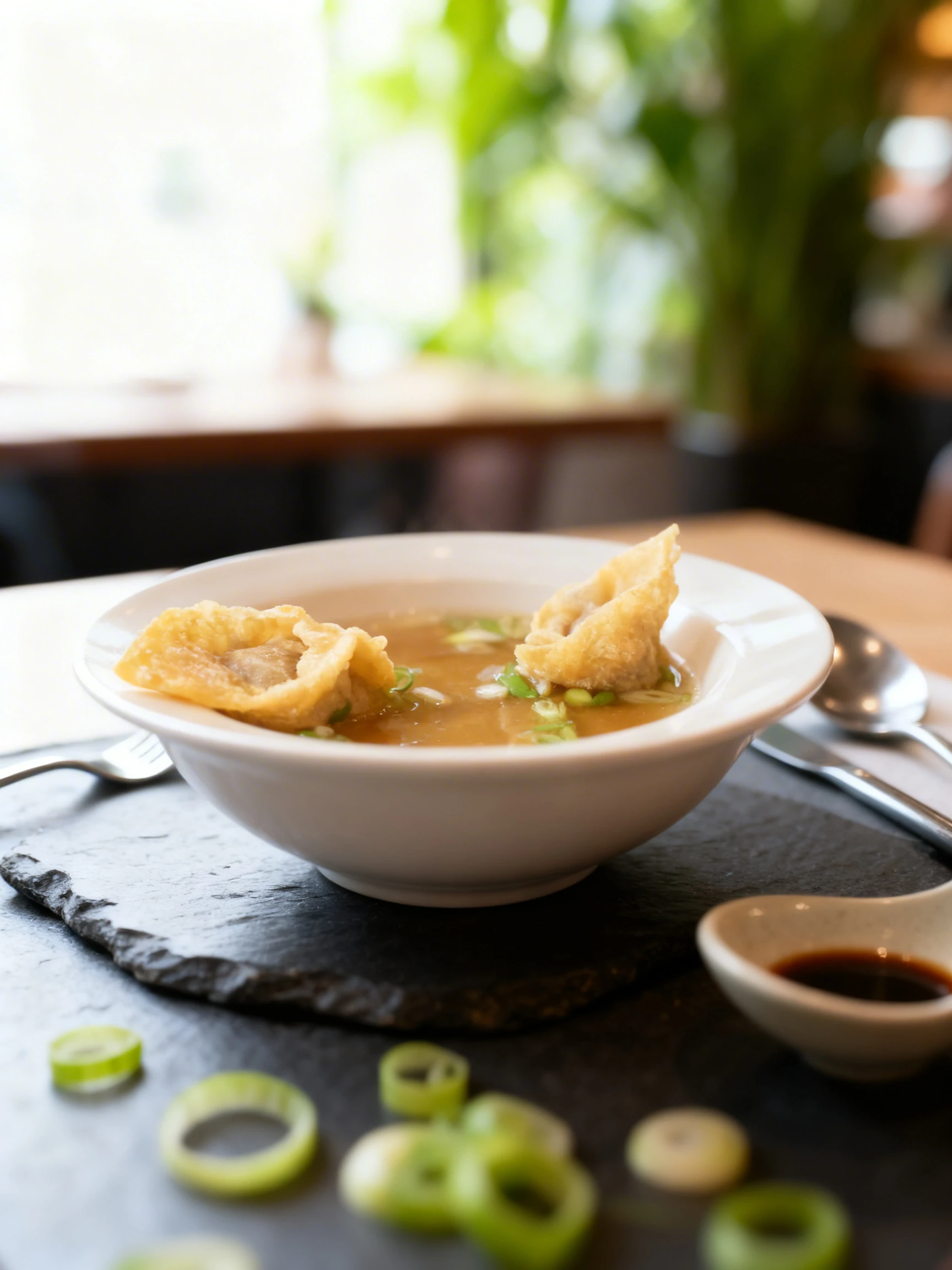 Clear amber broth served with two fried wontons and garnished with sliced green onions.