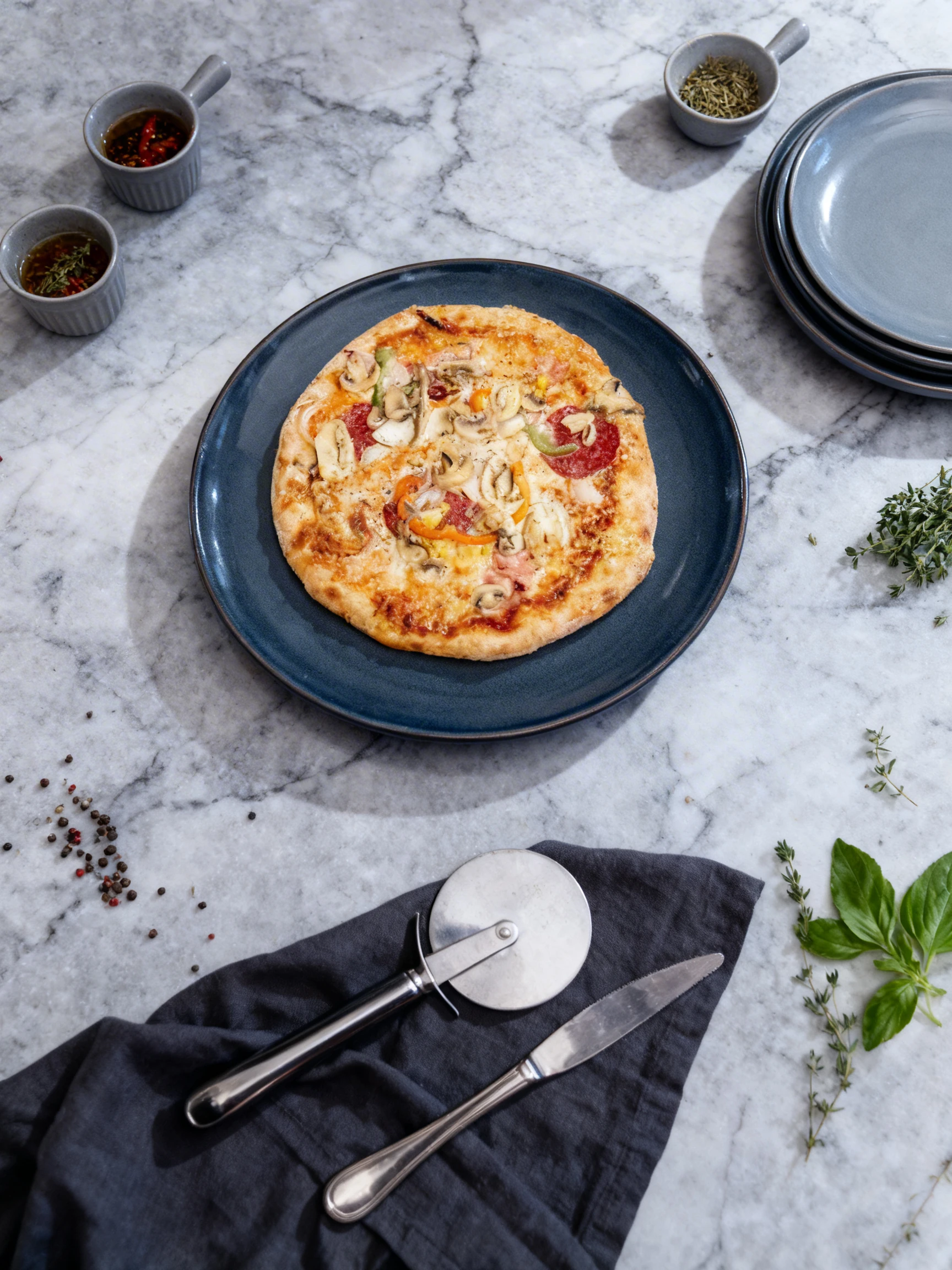 A thin-crust pizza topped with sliced mushrooms, salami, bell peppers, corn, and melted mozzarella cheese on a large white plate.