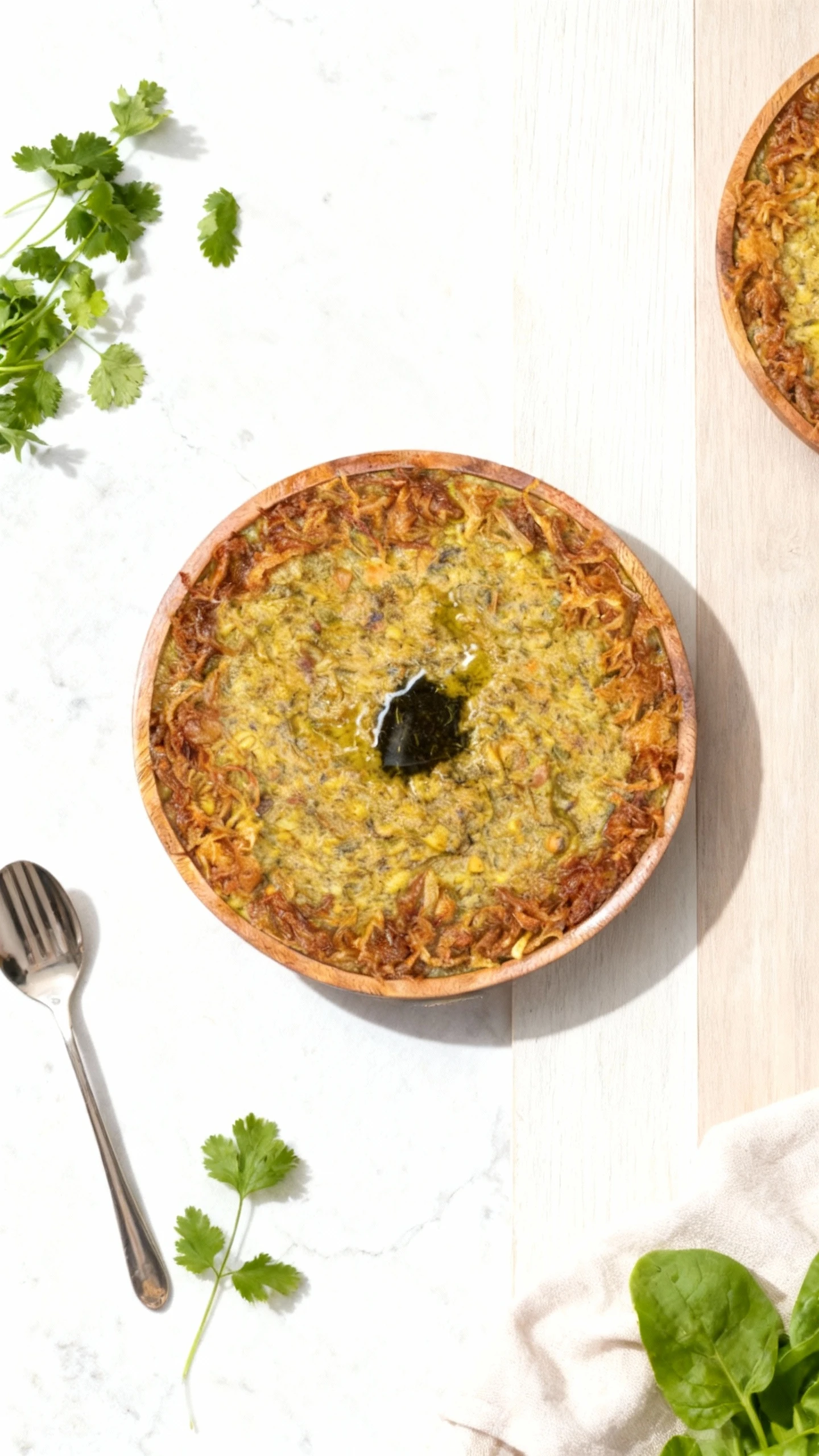 A thick, savory mash, likely consisting of herbs and legumes, served in a round wooden dish. The center is topped with oil and a dark garnish, and the perimeter