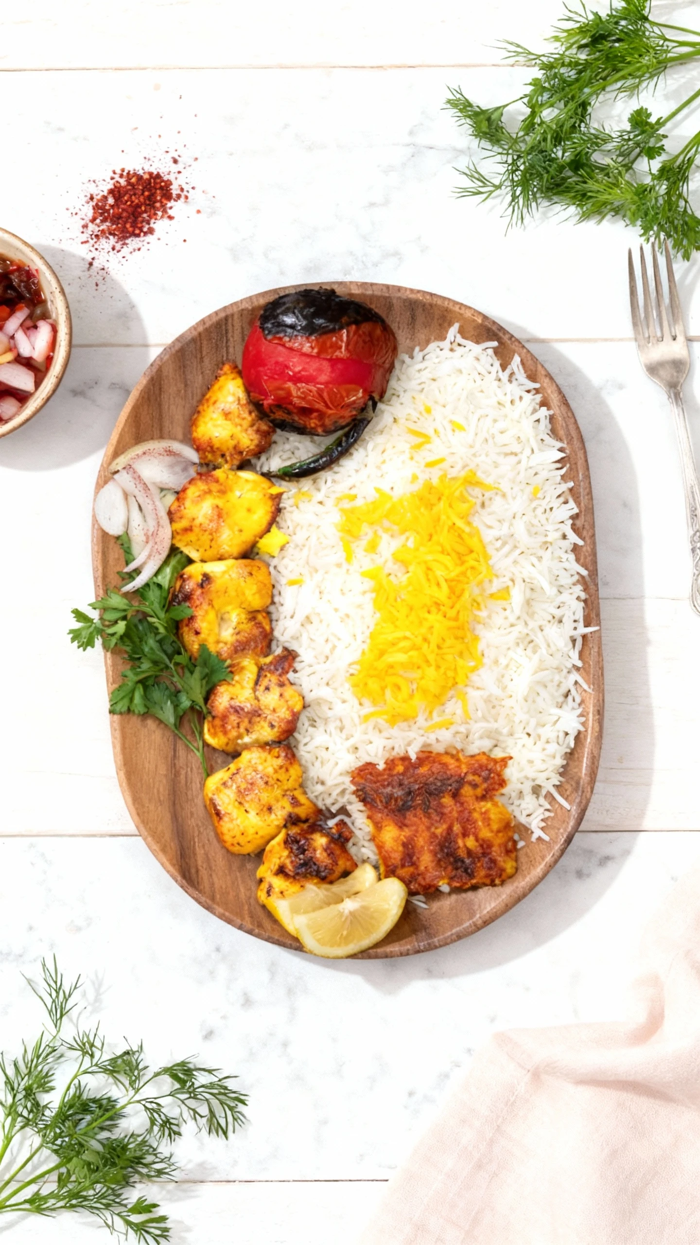 A traditional Persian dish featuring a mound of long-grain white rice topped with saffron rice (Chelow), served alongside pieces of marinated grilled chicken ke