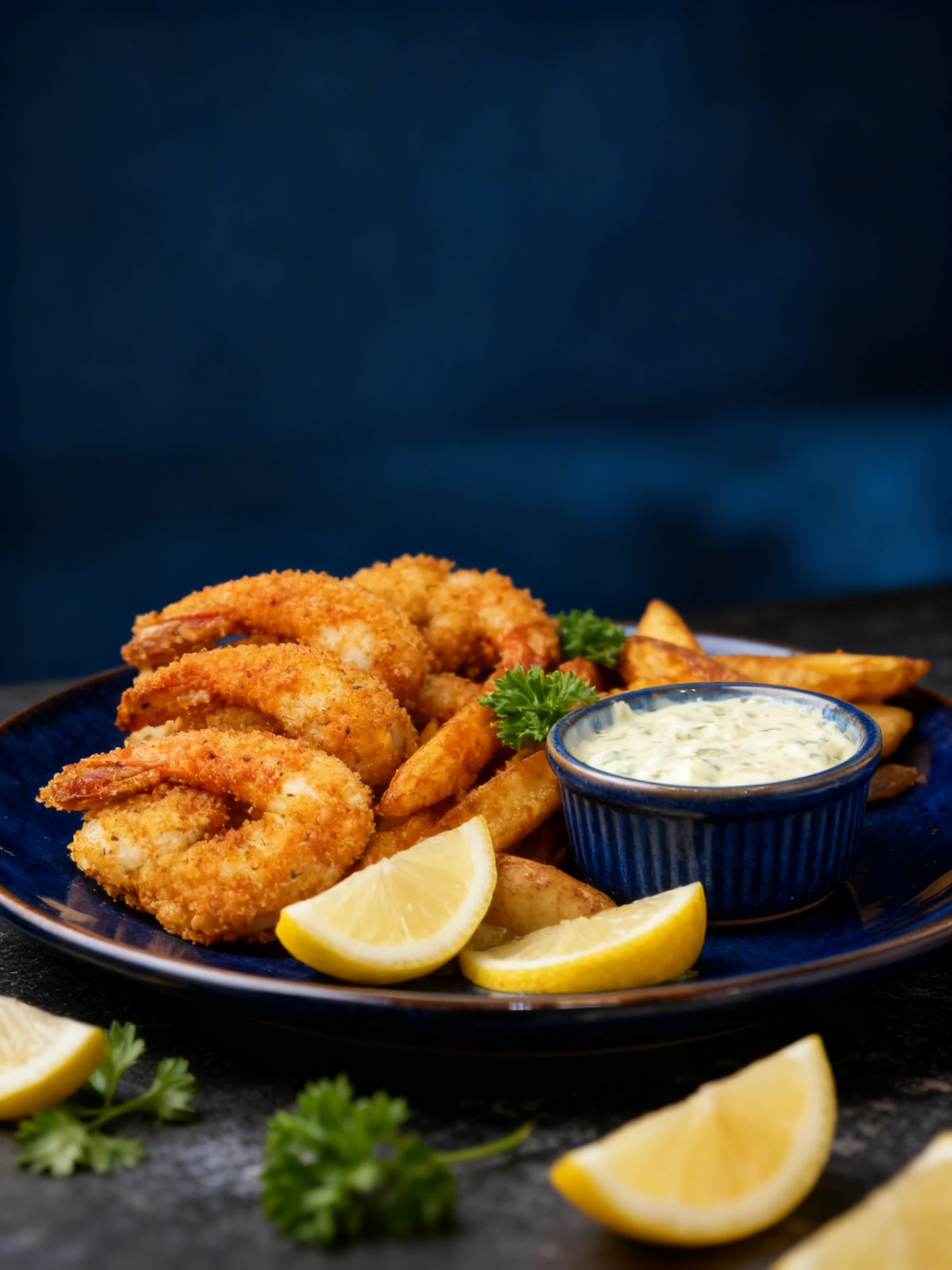 Breaded fried shrimp served with thick-cut potato wedges, tartar sauce, and parsley garnish.