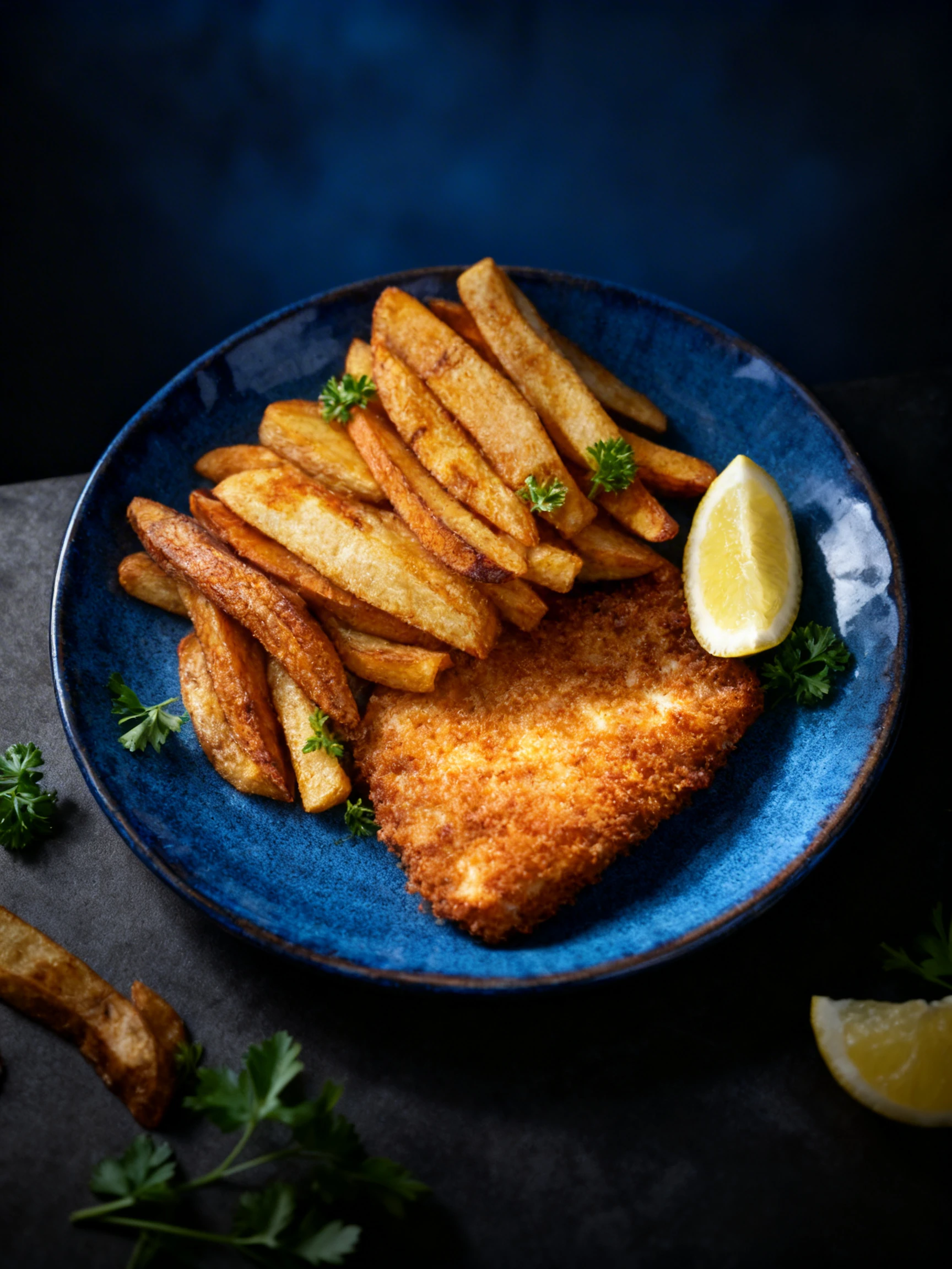 Breaded fish fillet served with thick-cut potato chips, fresh parsley garnish, and a lemon wedge.